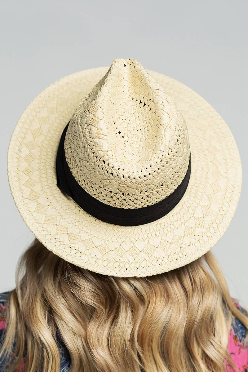 Boho Chic Summer Panama Hat: natural straw color, wide brim, round crown, black band trim