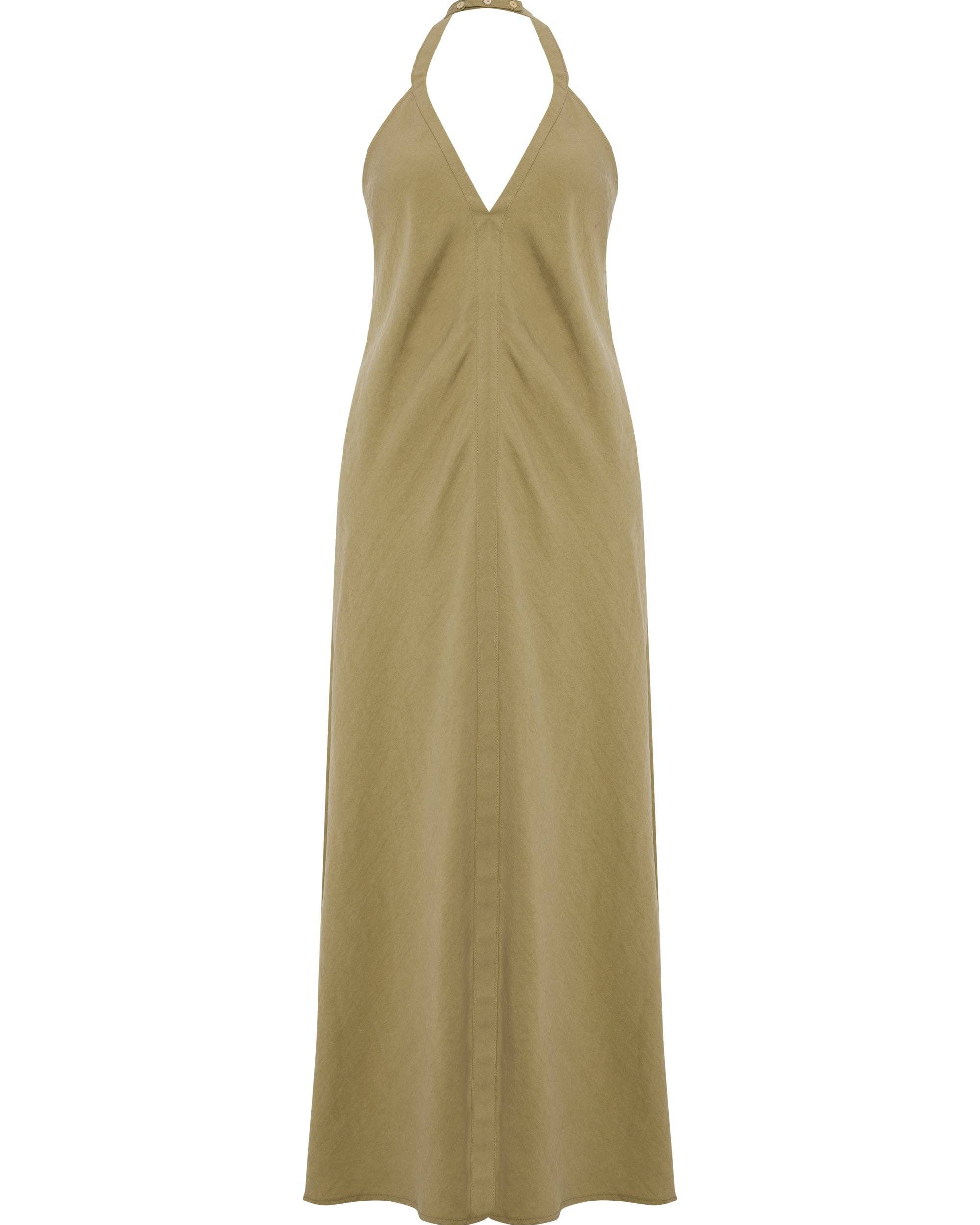 Zoe Maxi Dress - Khaki Green: sleeveless maxi dress with fitted bodice, square neckline, and flowing A-line skirt