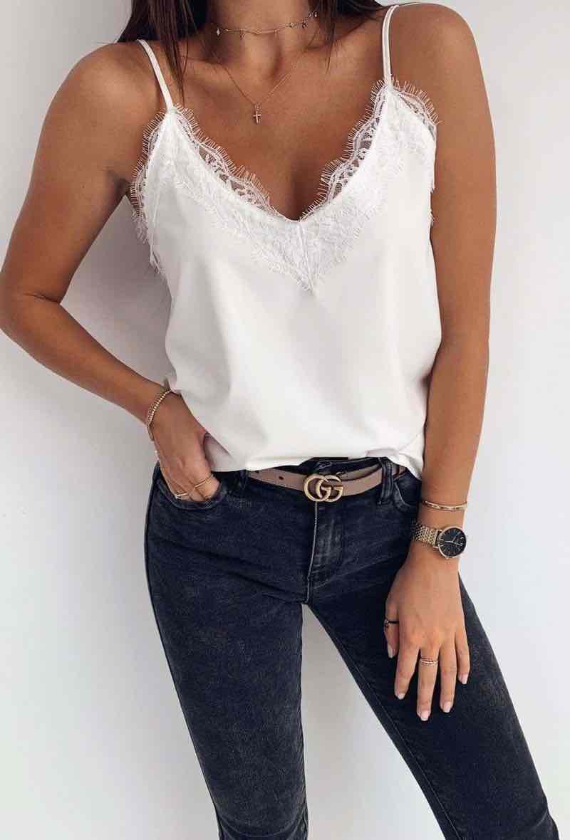 Lace tank top: white fitted sleeveless top with high neckline and scalloped hem