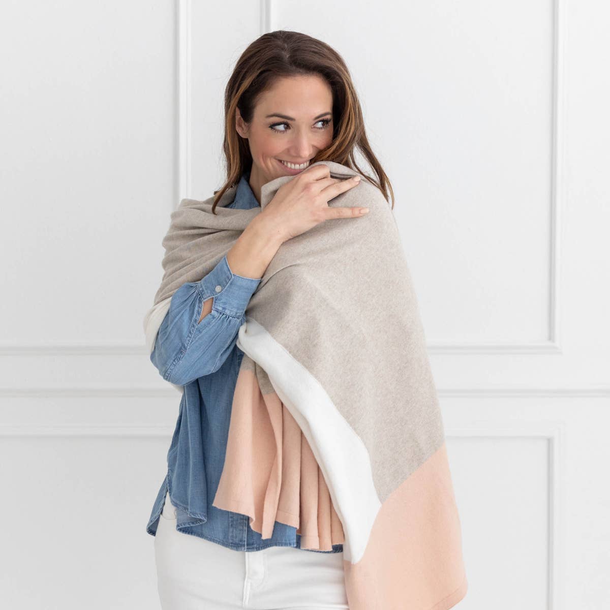 Dreamsoft Organic Cotton Travel Scarf - Blush Colorblock: rectangular shawl with soft blush, cream, and beige color blocks, fringed edges.