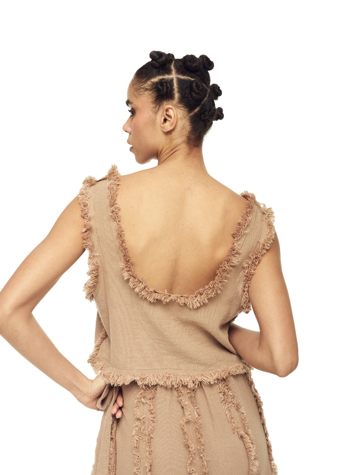 Boho Crop Top: beige fitted crop top with square neckline, puffed short sleeves, and straight hem