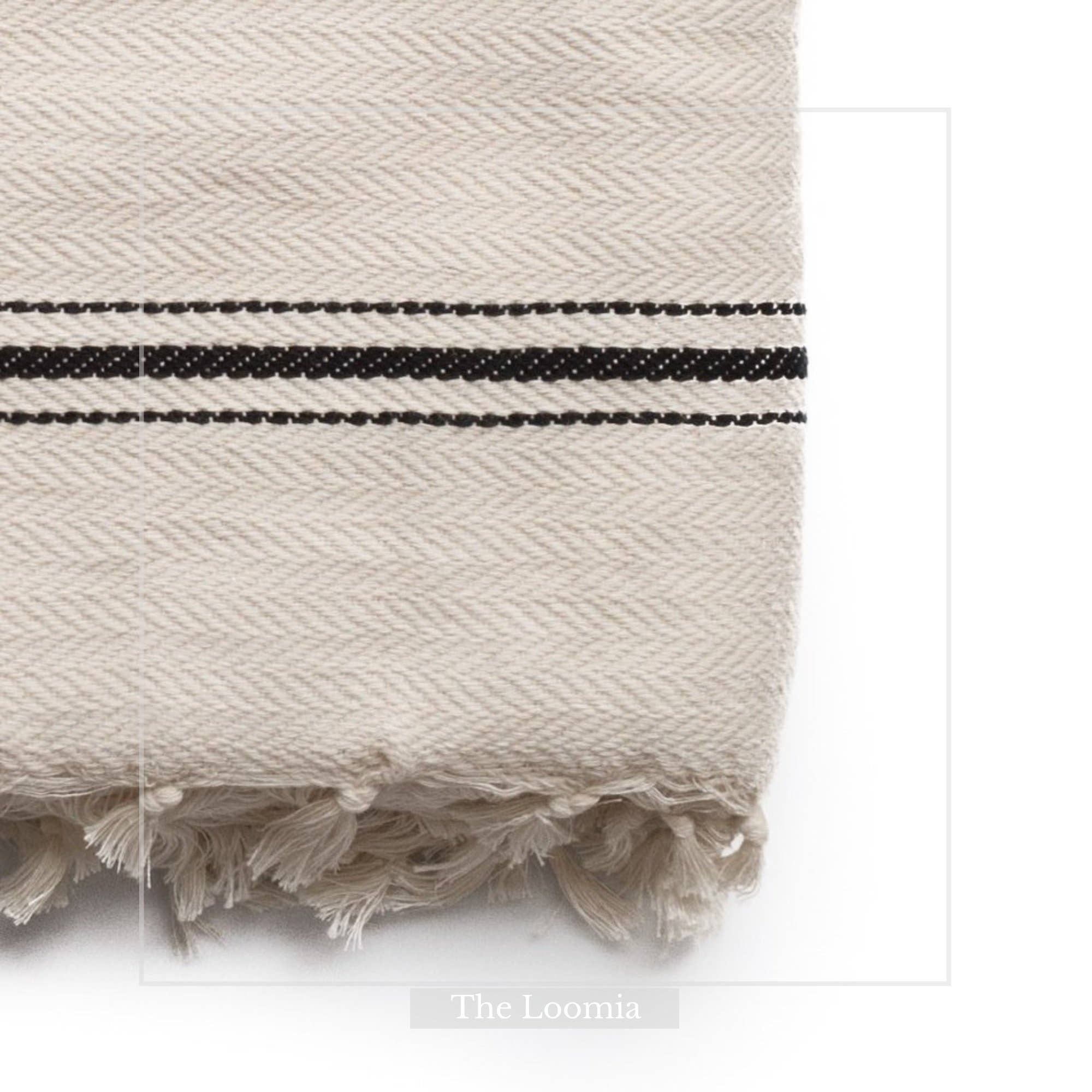 Sophie 100% Cotton Turkish Throw Blanket: rectangular beige throw with tasseled edges and woven texture