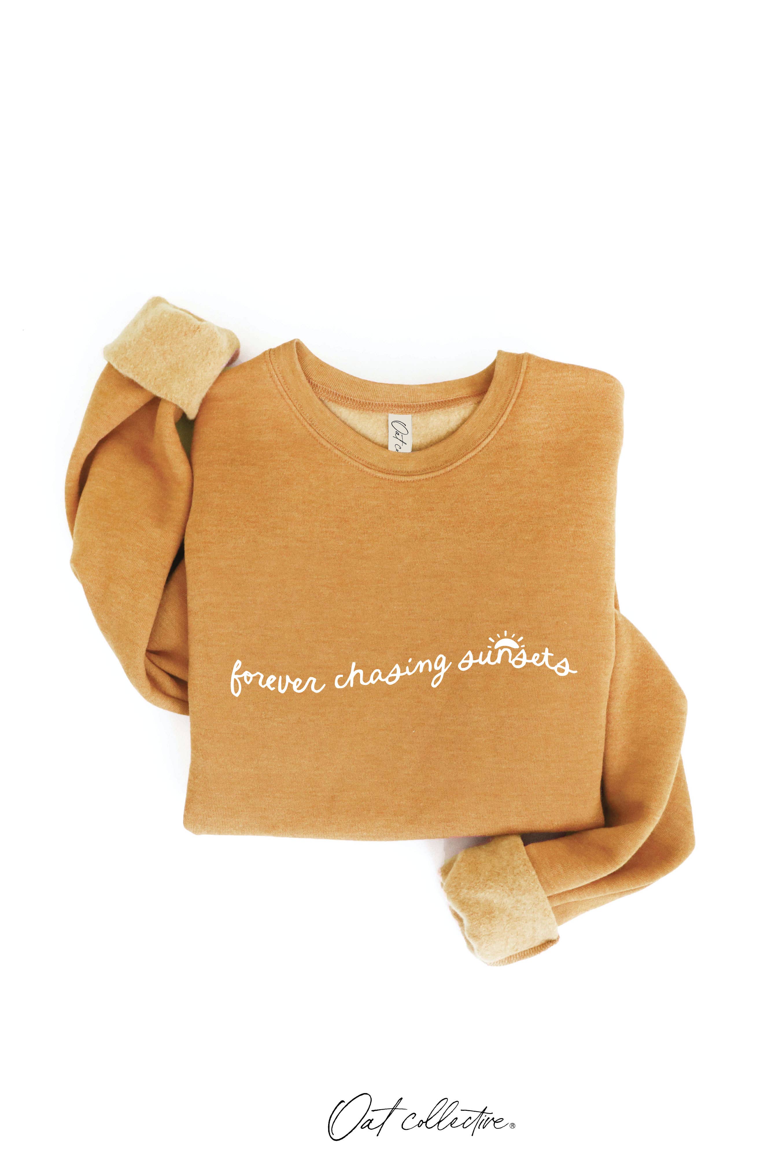 FOREVER CHASING SUNSETS Graphic Sweatshirt: beige crewneck with long sleeves, relaxed fit, and ribbed hem and cuffs