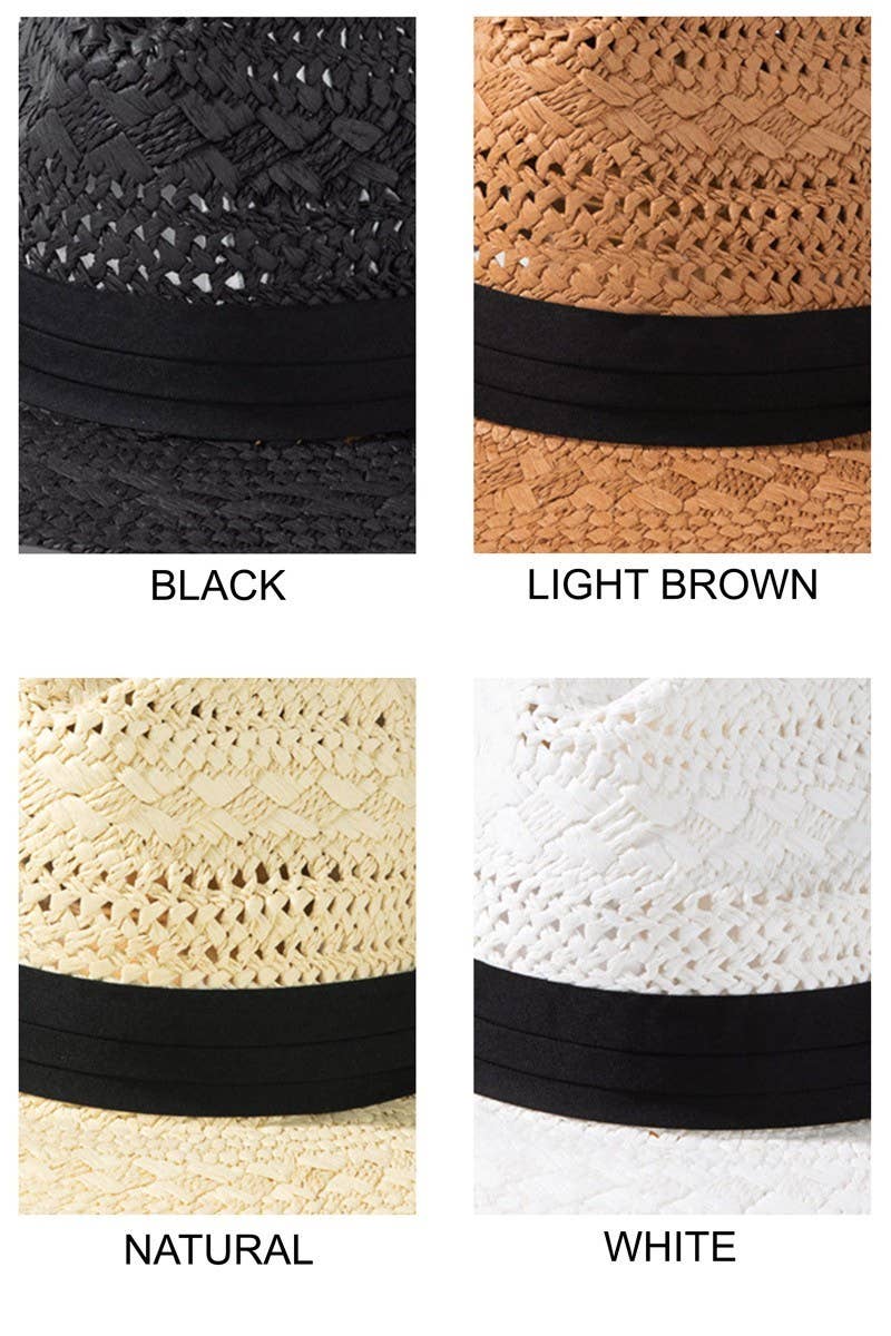 Boho Chic Summer Panama Hat: natural straw, wide flat brim, pinched crown, black band detail