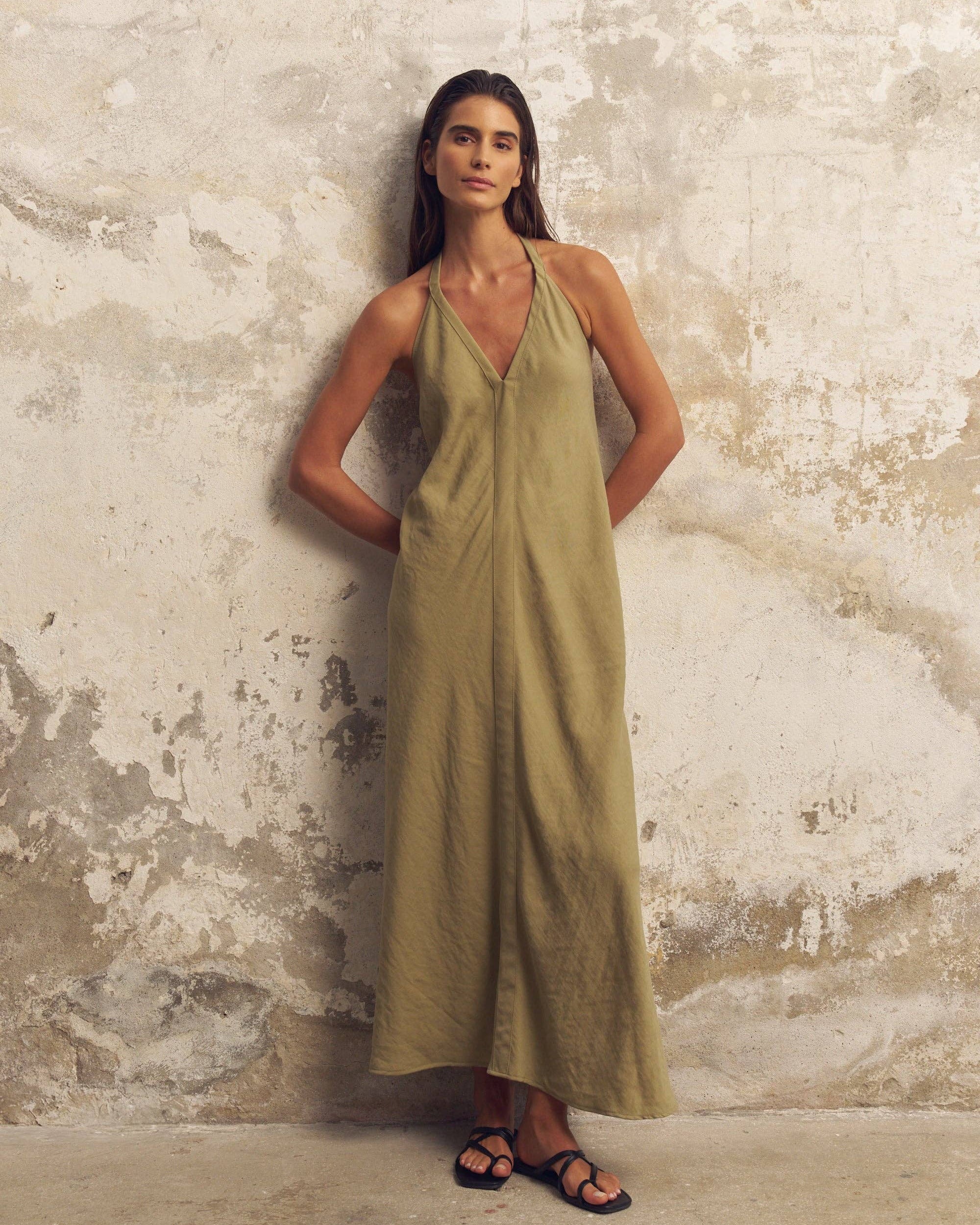 Zoe Maxi Dress - Khaki Green: sleeveless maxi dress with square neckline, fitted bodice, and straight hem