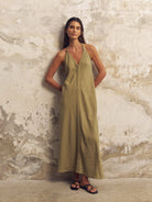 Zoe Maxi Dress - Khaki Green: sleeveless maxi dress with square neckline, fitted bodice, and straight hem