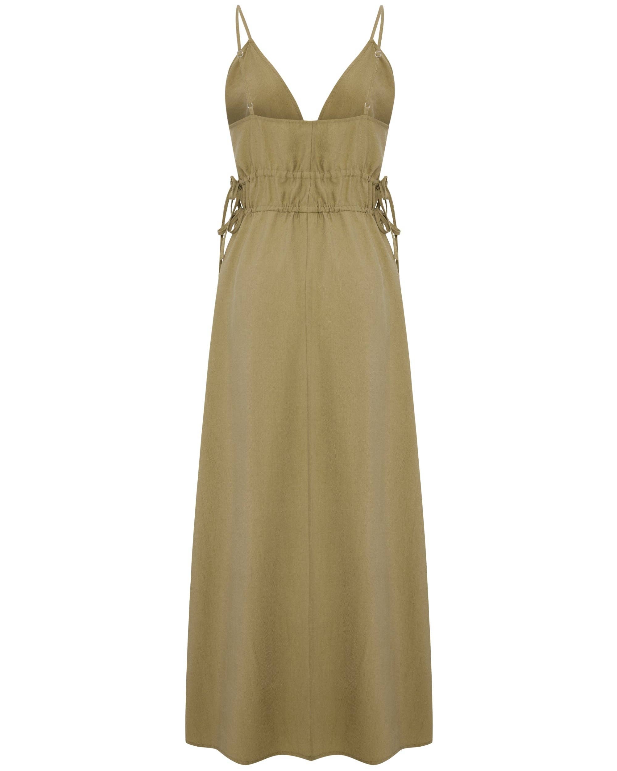 Sofia Ties Maxi Dress: sleeveless beige dress with V-neck, tie waist, and flowing ankle-length hem