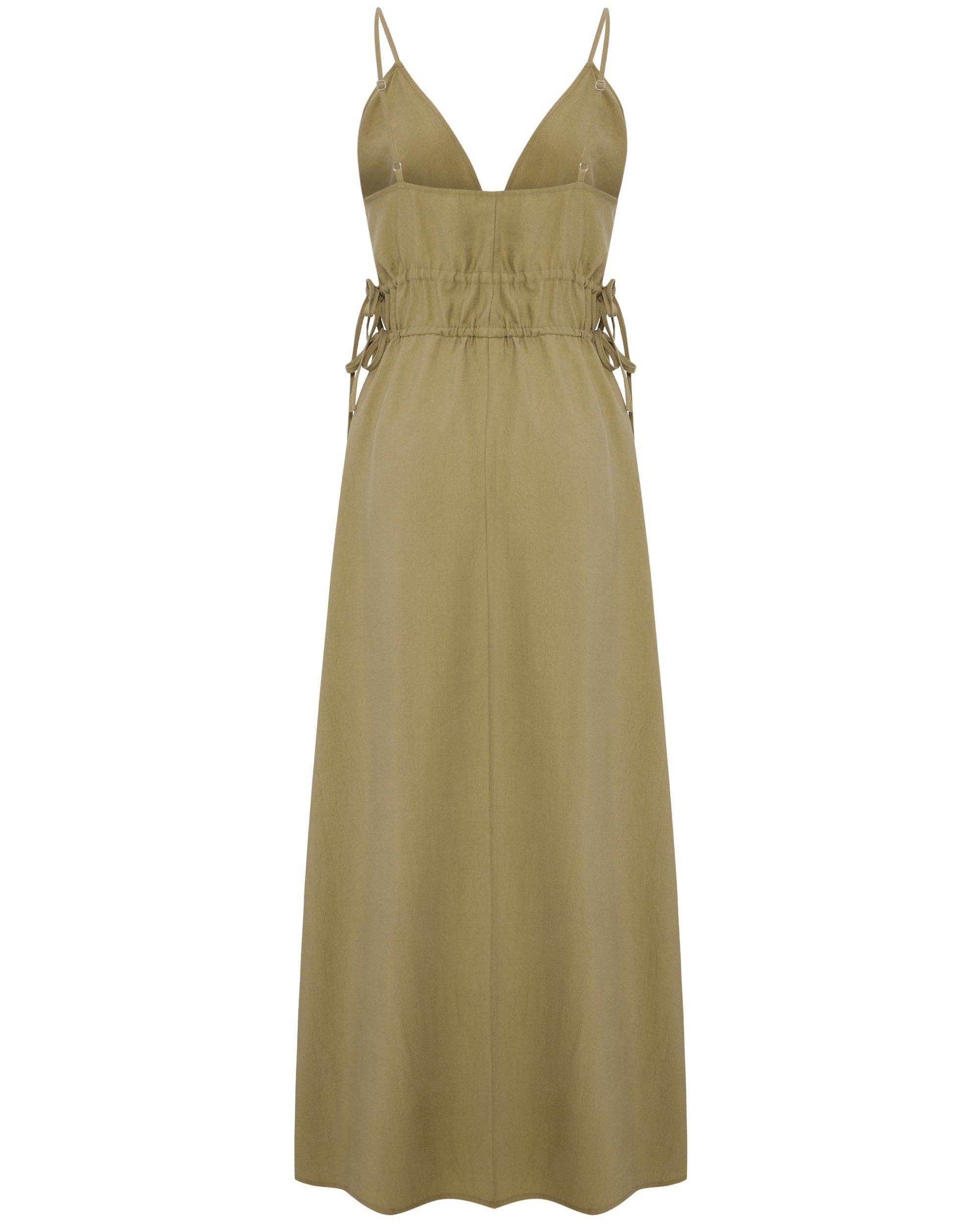 Sofia Ties Maxi Dress: sleeveless beige dress with V-neck, tie waist, and flowing ankle-length hem