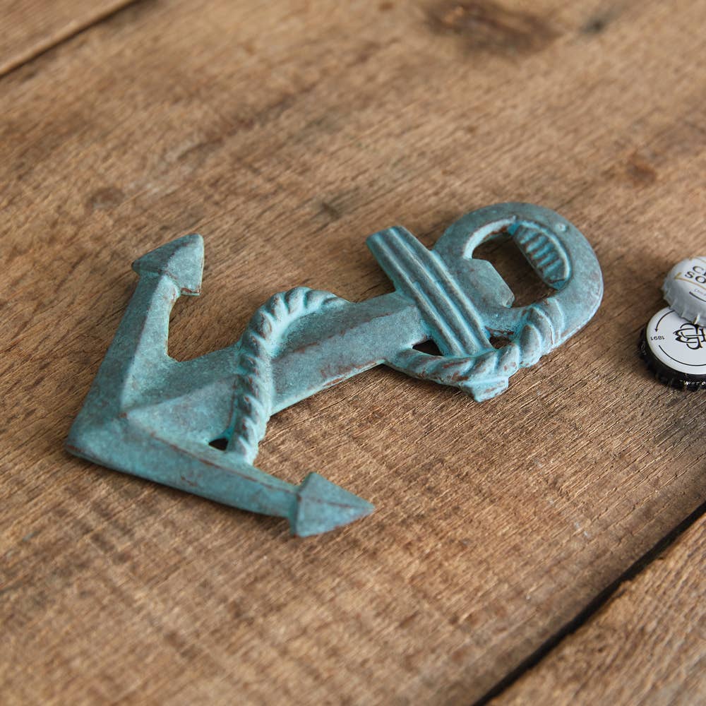 Verdigris Anchor Bottle Opener: green oxidized anchor shape with curved top and horizontal bar