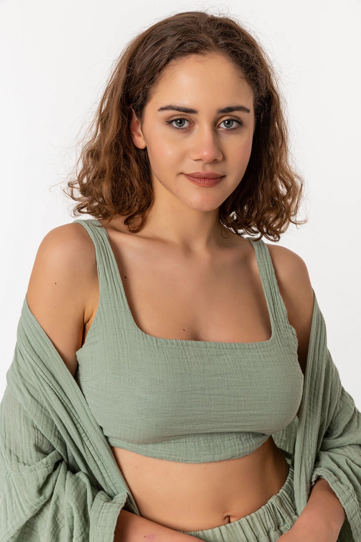 Aurelia Muslin Bralette: cropped mint bralette with thin straps, square neckline, and fitted bodice