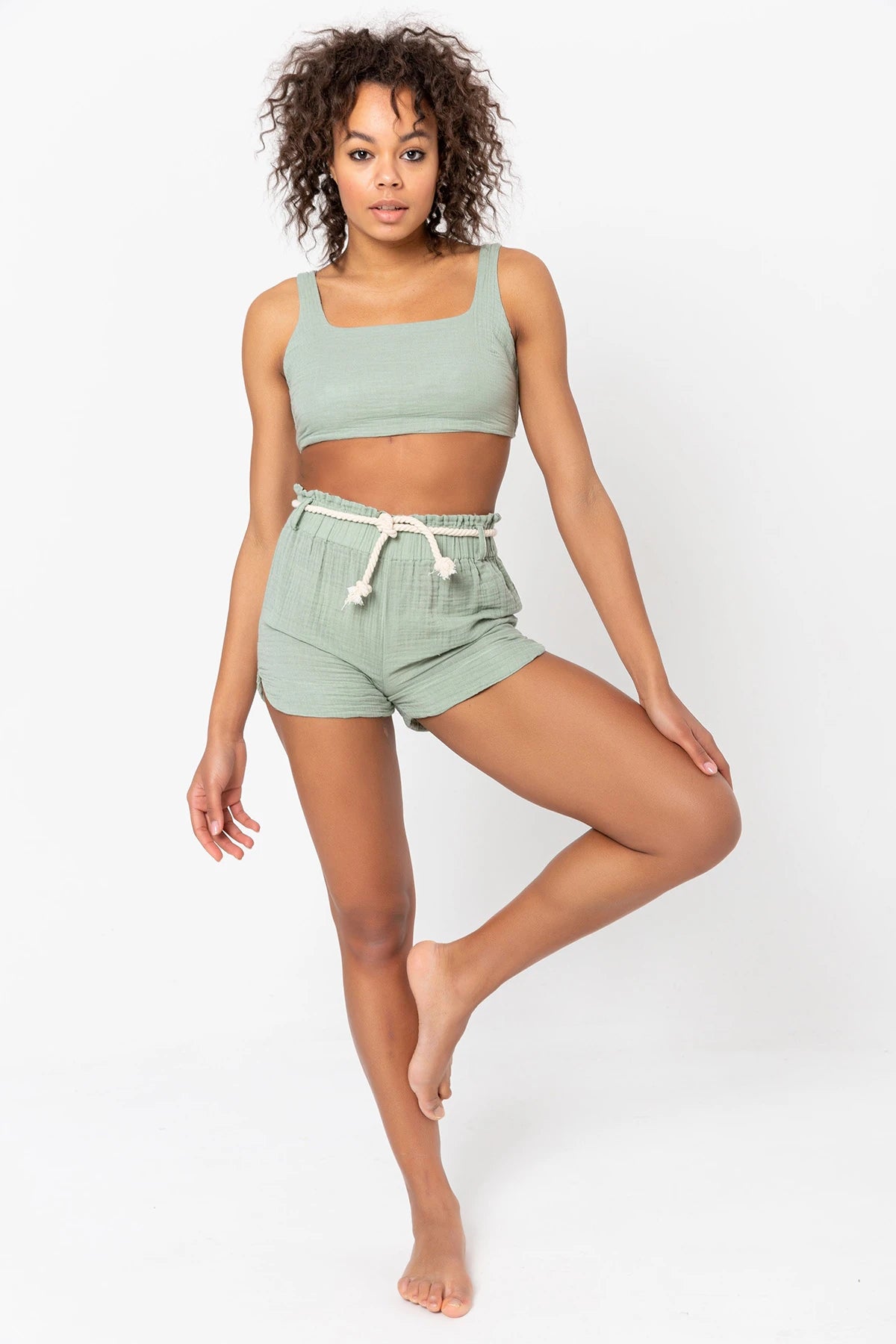 Aurelia Muslin Bralette: soft pink bralette with thin straps, straight neckline, cropped fit