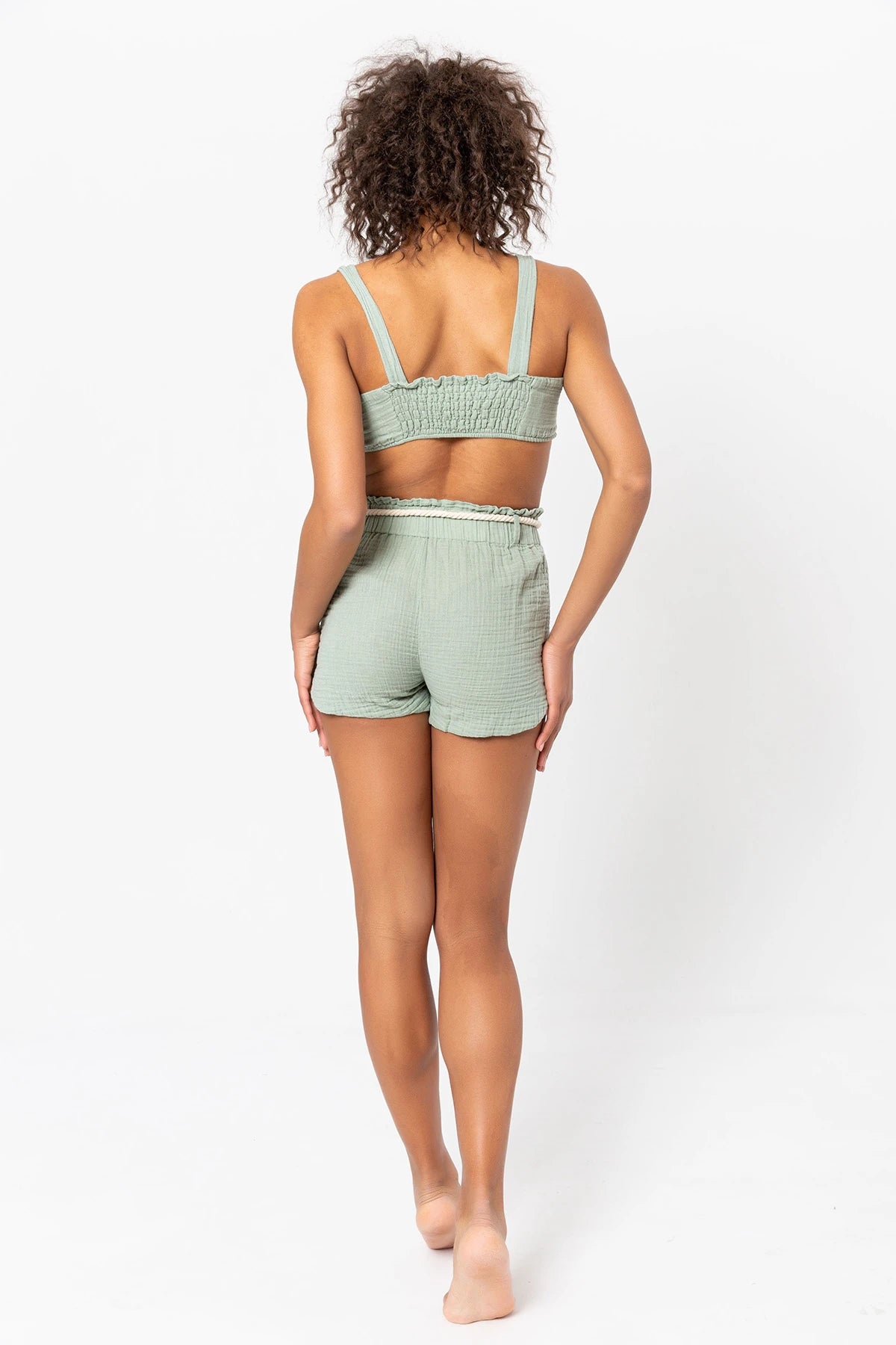 Aurelia Muslin Bralette: beige bralette with thin straps, square neckline, cropped fit, and straight hem