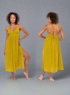 Lydia Dress: sleeveless midi dress in light beige with V-neckline and draped waist detail