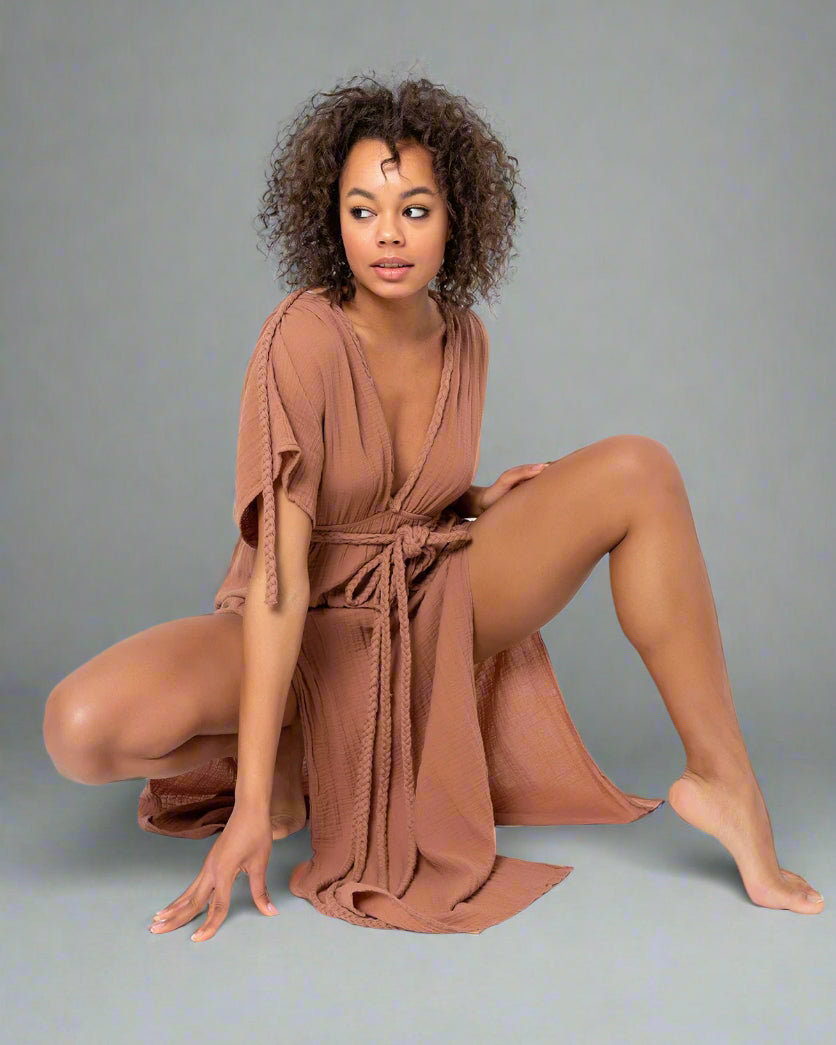 Roman Dress: mocha sleeveless midi dress with square neckline and straight hem