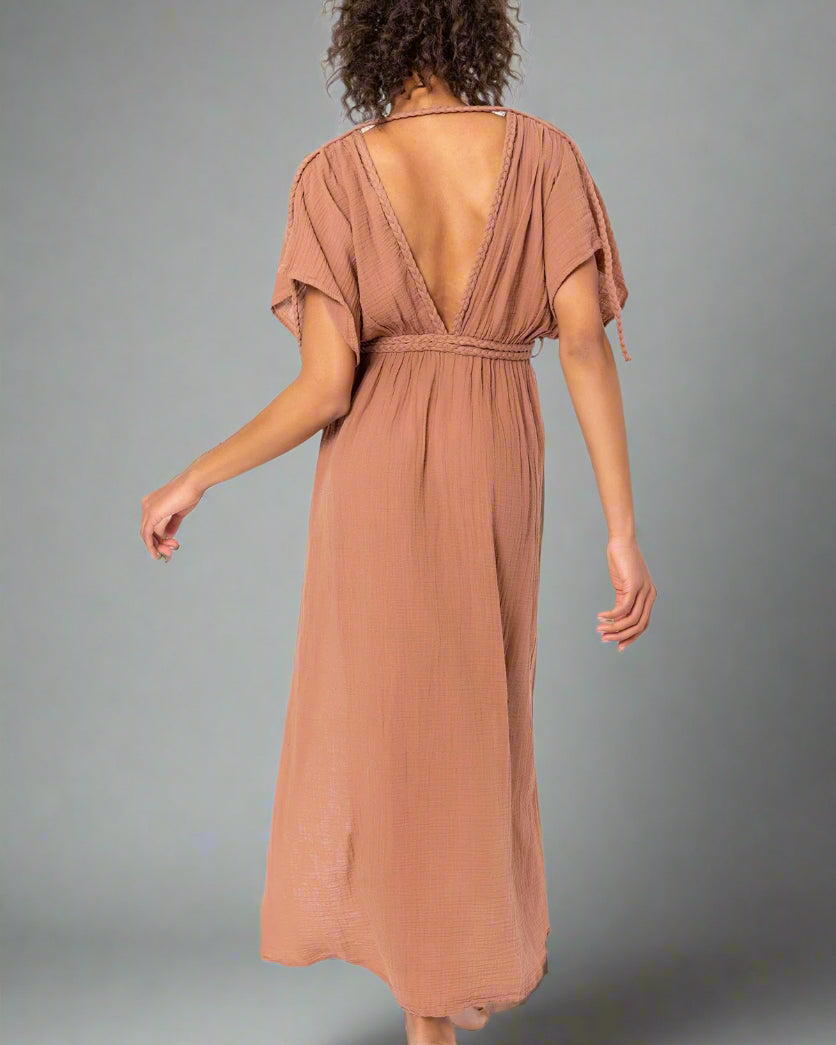 Roman Dress: mocha brown, sleeveless midi dress with square neckline and straight hem