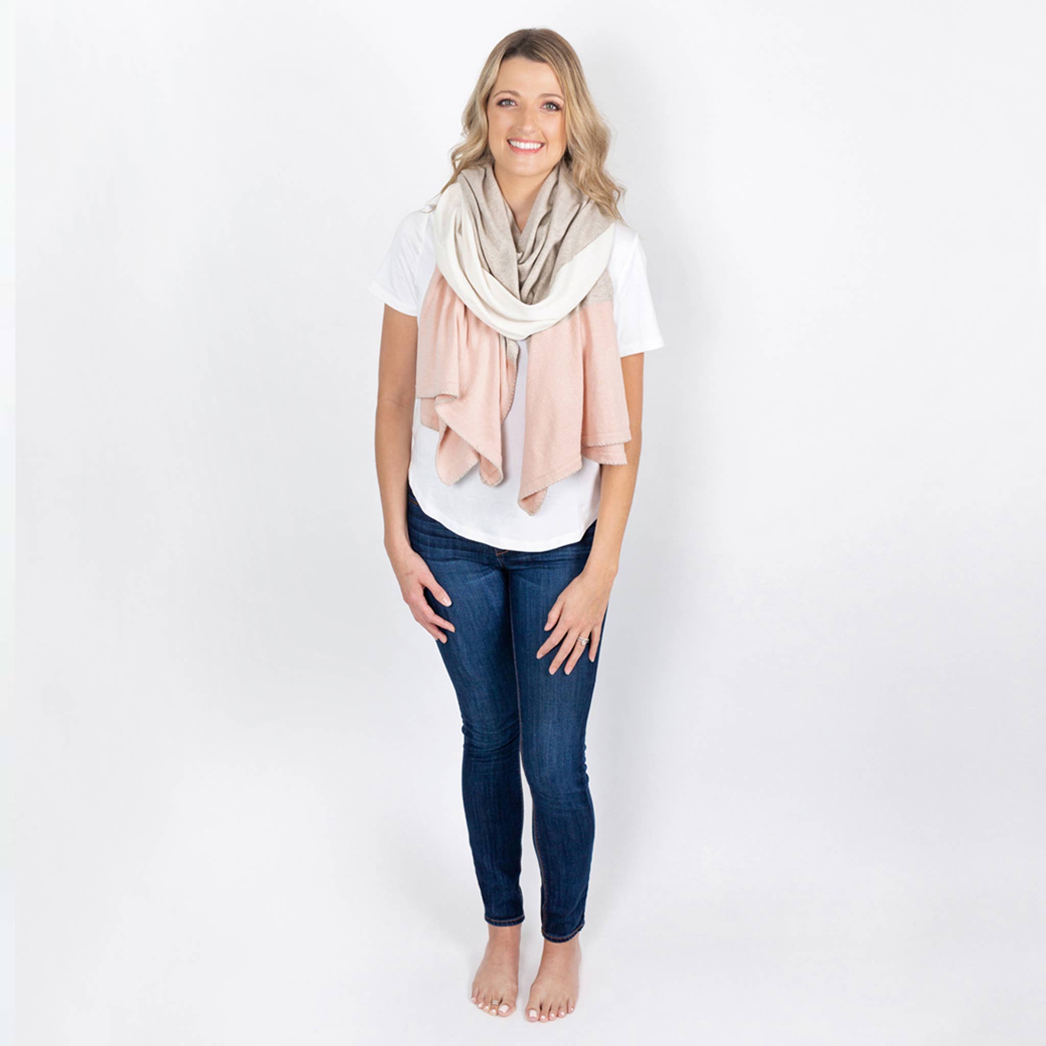 Dreamsoft Organic Cotton Travel Scarf - Blush Colorblock: rectangular shawl with soft blush and cream color blocks, fringed edges