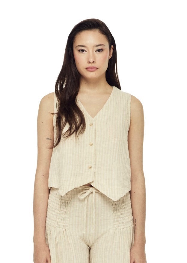 Striped Vest: sleeveless blouse with vertical blue and white stripes, round neckline, relaxed fit, straight hem