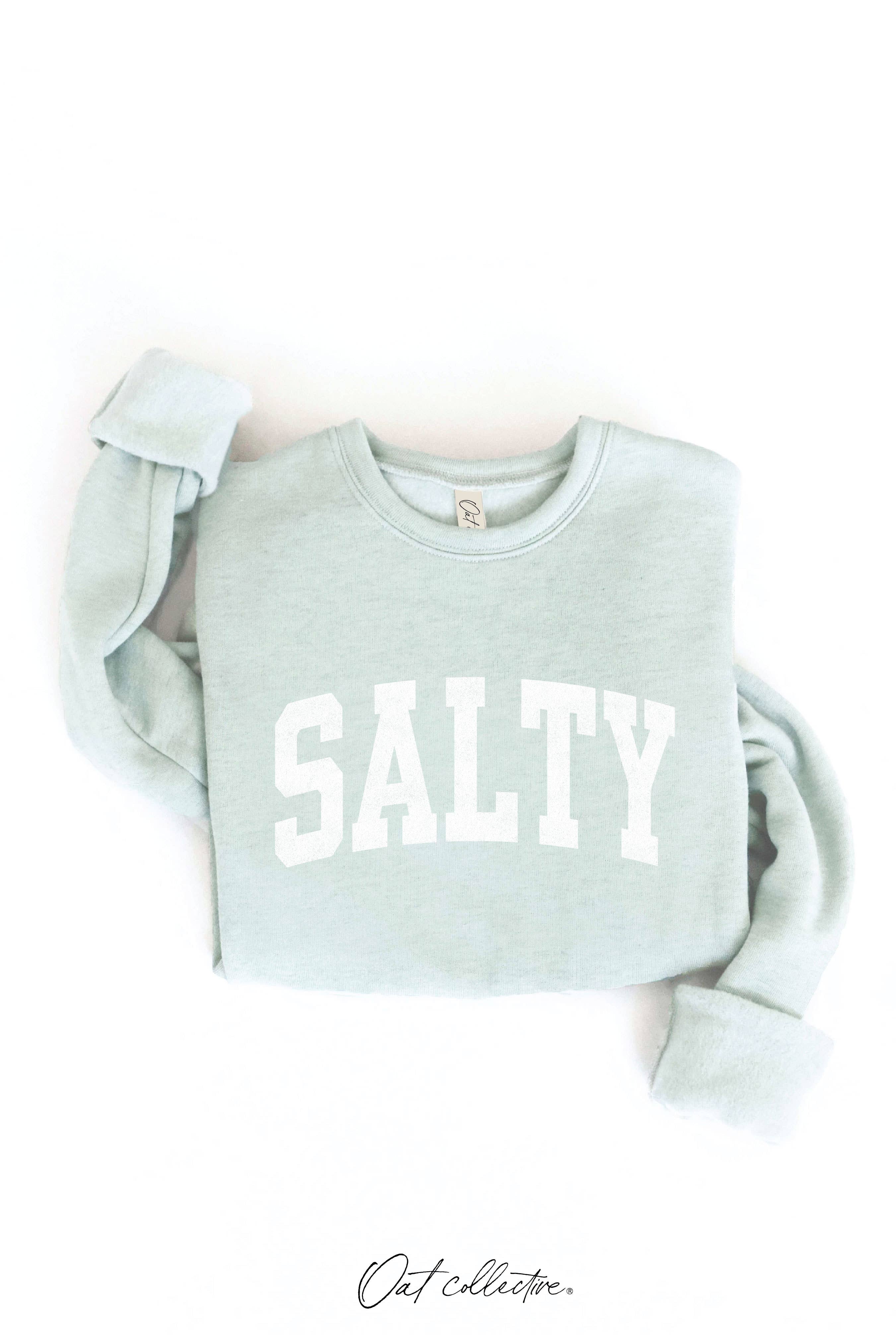 SALTY Graphic Sweatshirt: relaxed fit, long sleeves, crewneck, cropped length, beige color, ribbed cuffs and hem