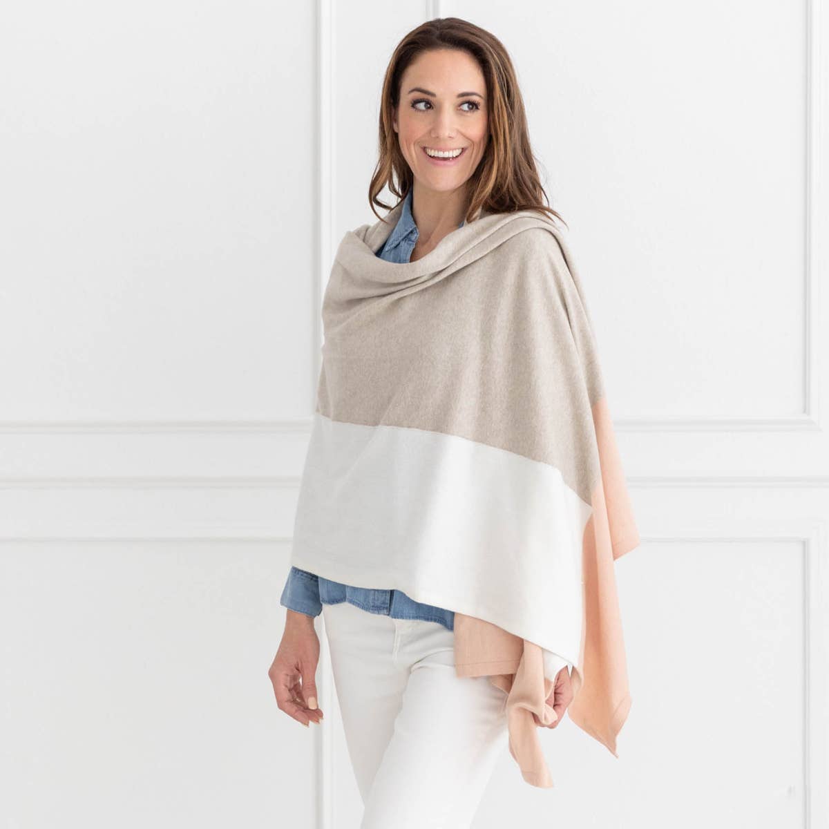 Dreamsoft Organic Cotton Travel Scarf - Blush Colorblock: rectangular shawl with soft blush and light cream colorblock, fringed edges