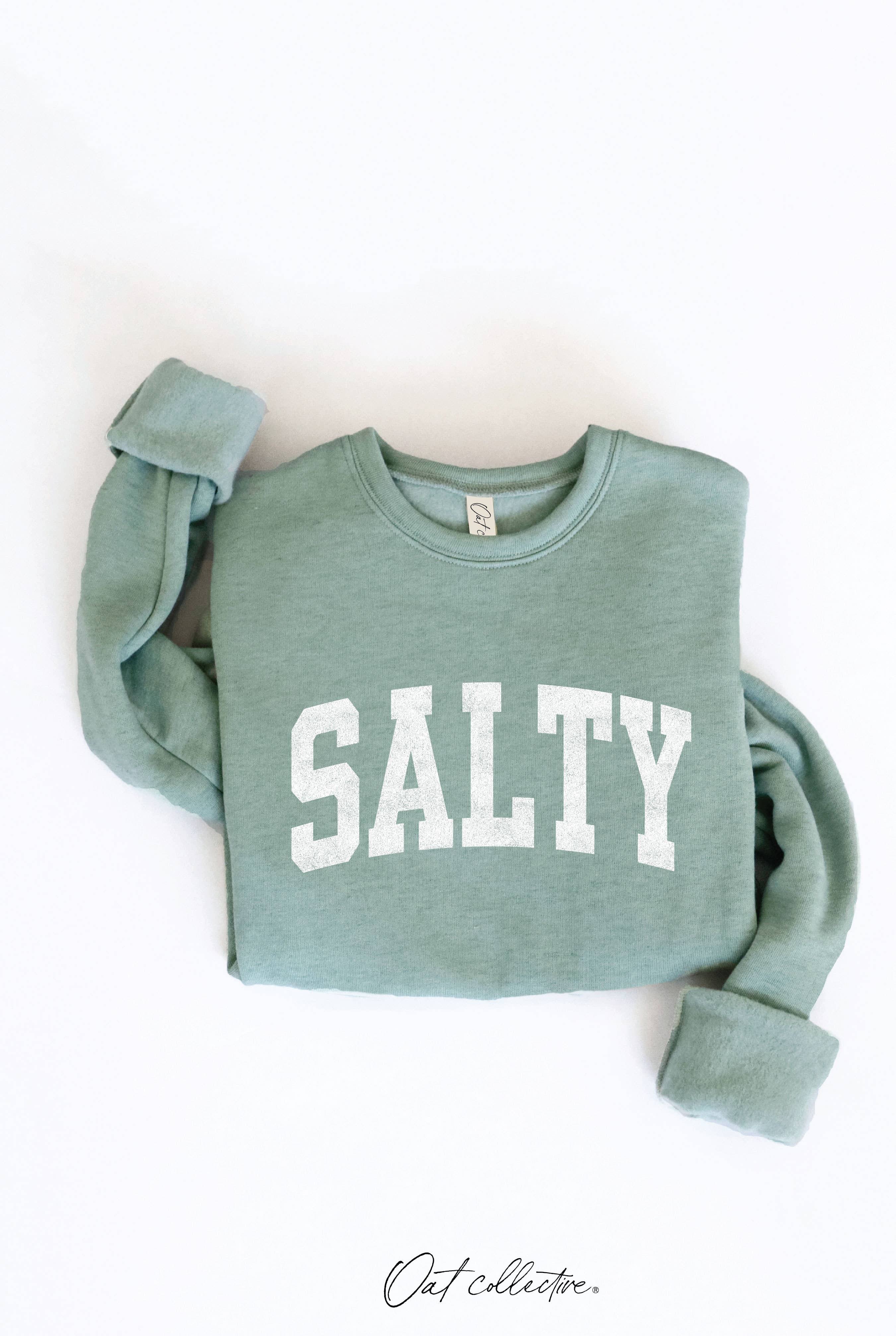 SALTY Graphic Sweatshirt: boxy fit, beige color, crew neckline, long sleeves, straight hem