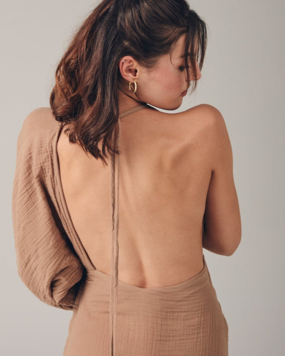 Sofia Dress: sleeveless, cream-colored midi dress with square neckline and straight hem