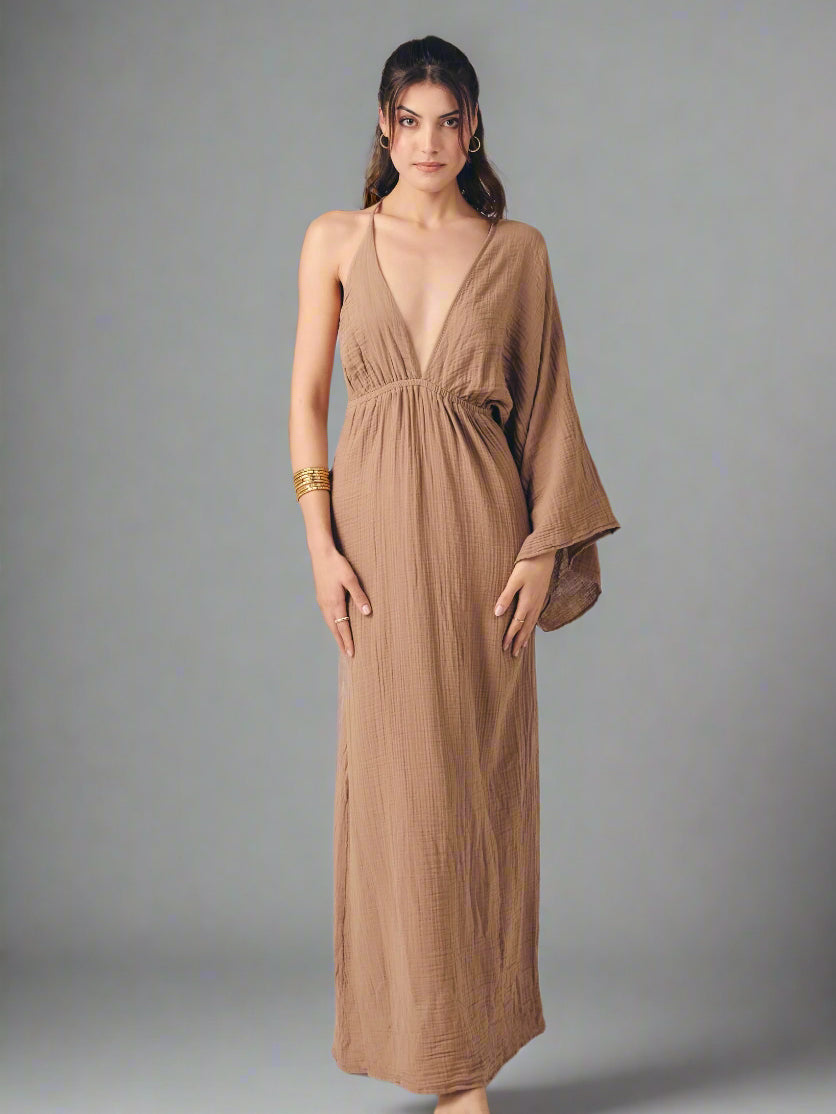 Sofia Dress: cream sleeveless midi dress with square neckline and straight hem