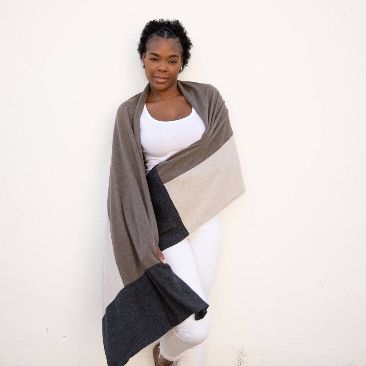 Dreamsoft Organic Cotton Travel Scarf Brownstone Colorblock: rectangular shawl with brown and tan colorblock, soft drape