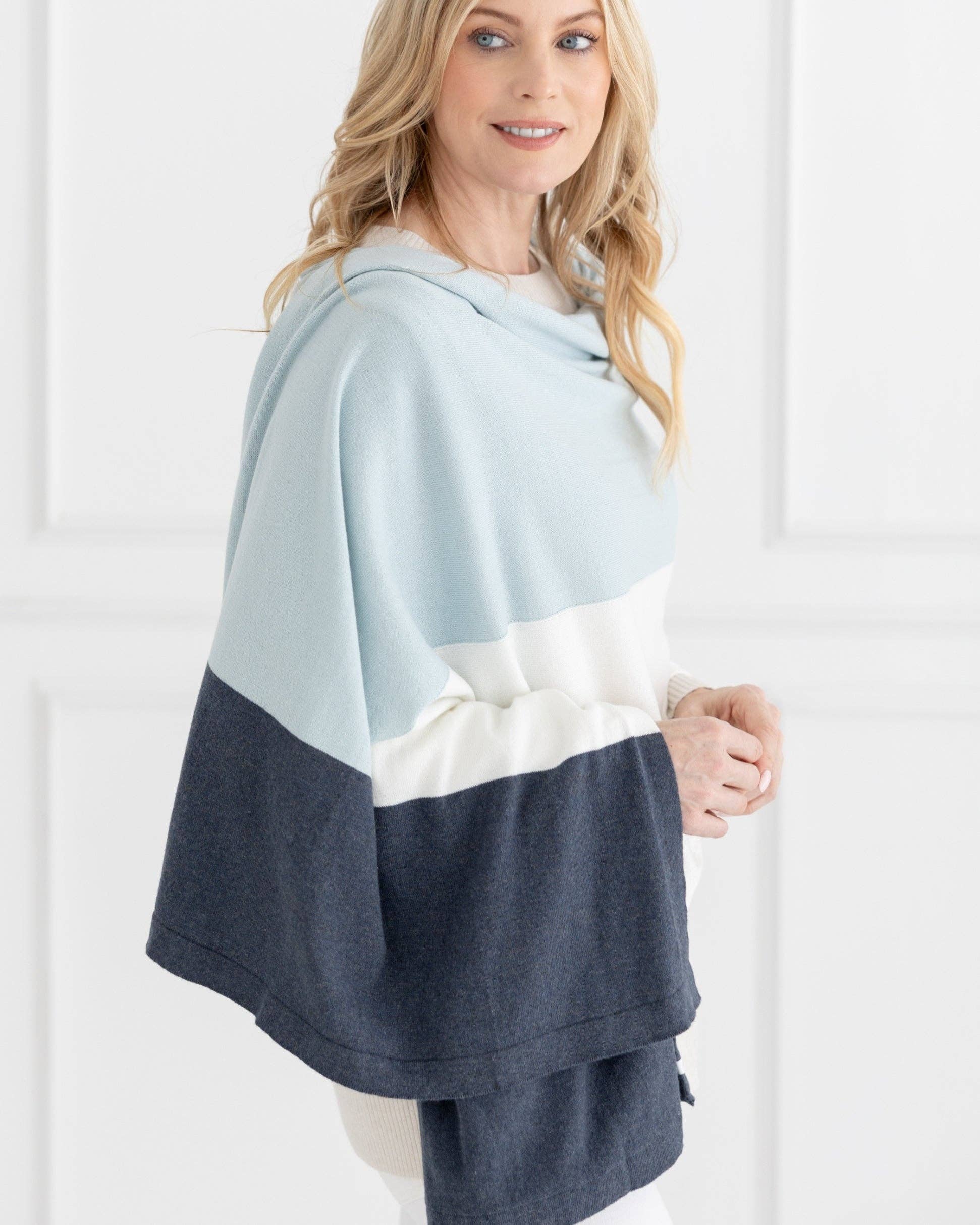 The Dreamsoft Travel Scarf - Sky Blue Colorblock: rectangular shawl with soft folds and colorblock in blue, gray, white tones