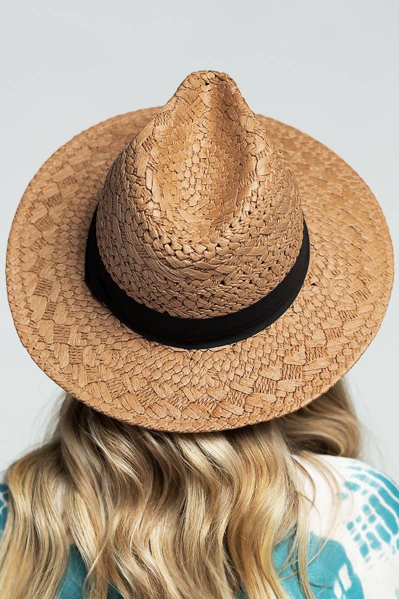 Boho Chic Summer Panama Hat: natural straw color, wide brim, black band, classic fedora shape