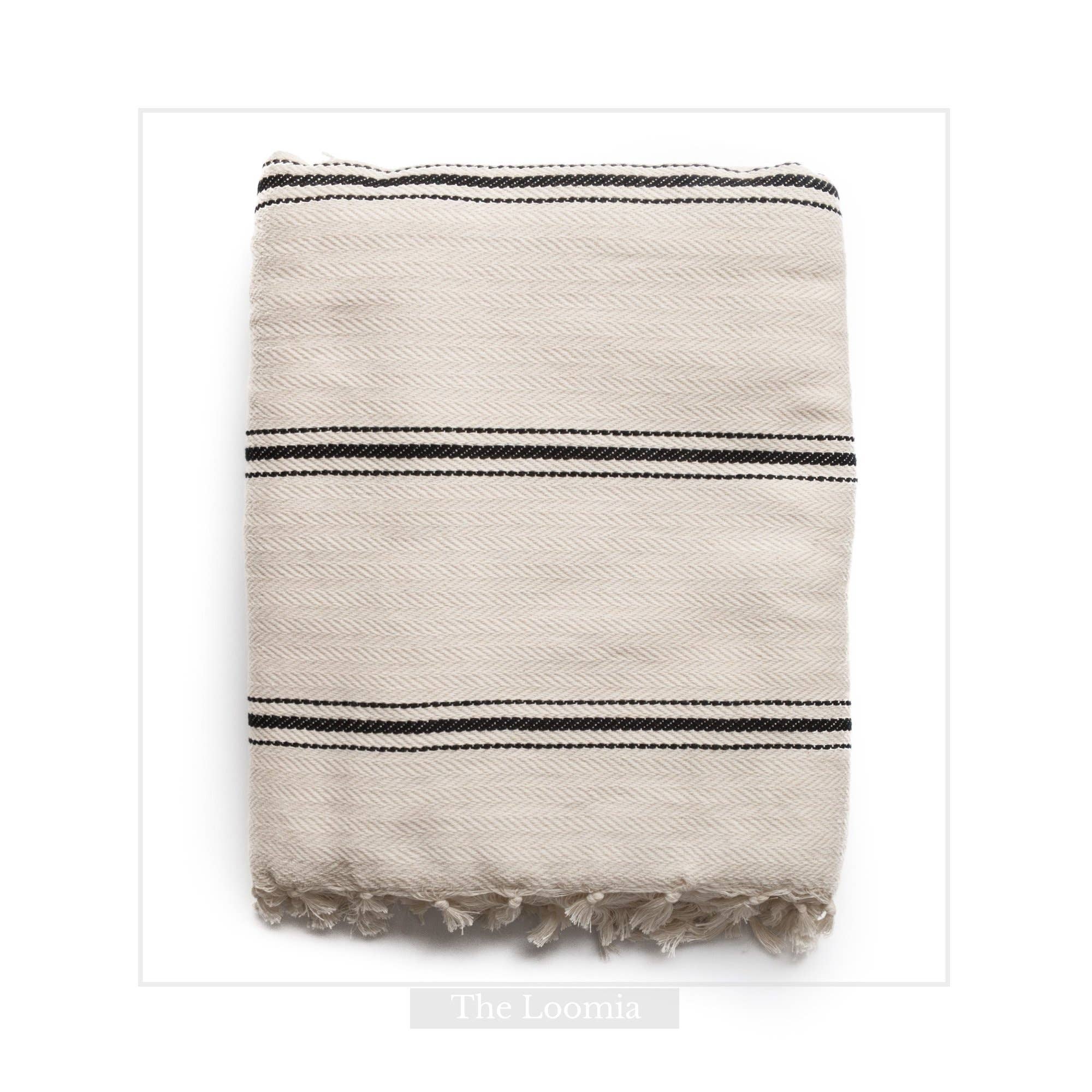 Sophie 100% Cotton Turkish Throw Blanket: rectangular soft cream fabric with fringed edges and subtle woven texture
