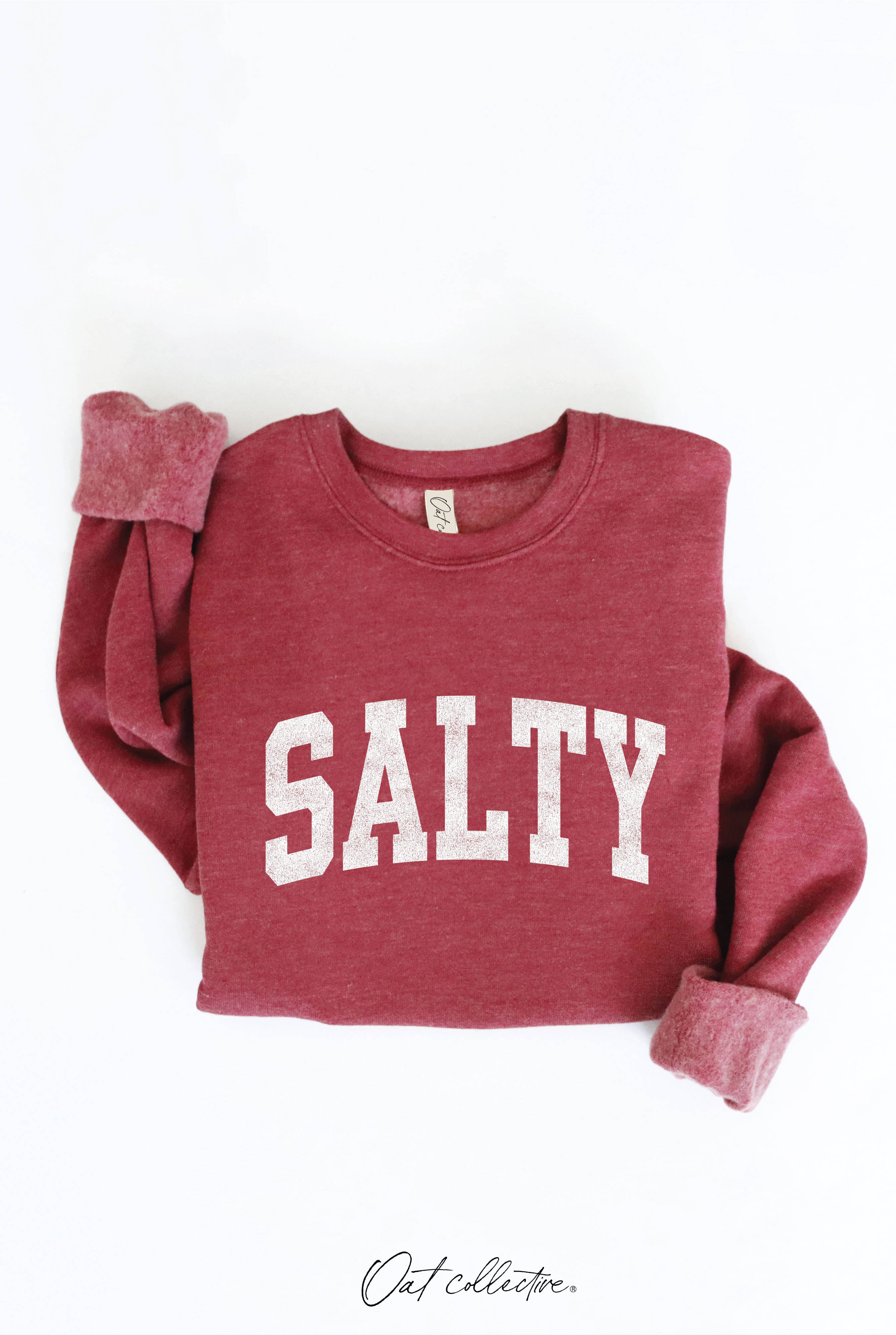 SALTY Graphic Sweatshirt: relaxed fit, cream color, crew neckline, long sleeves, ribbed cuffs and hem