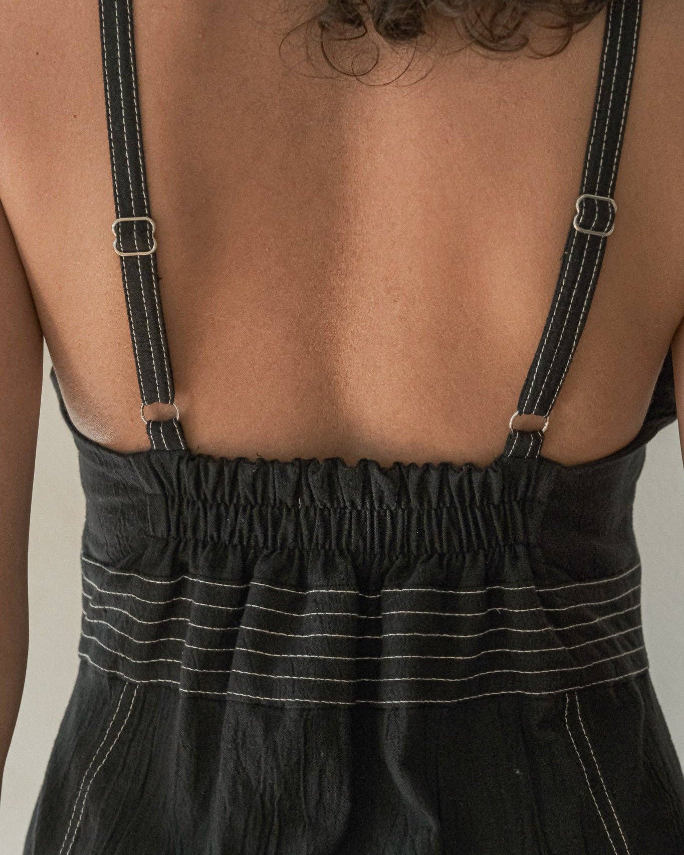 Eva Maxi Dress: sleeveless black maxi dress with deep V-neckline and gathered waist detail