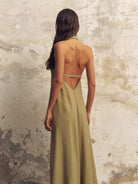 Zoe Maxi Dress - Khaki Green: sleeveless maxi dress with square neckline and fitted bodice