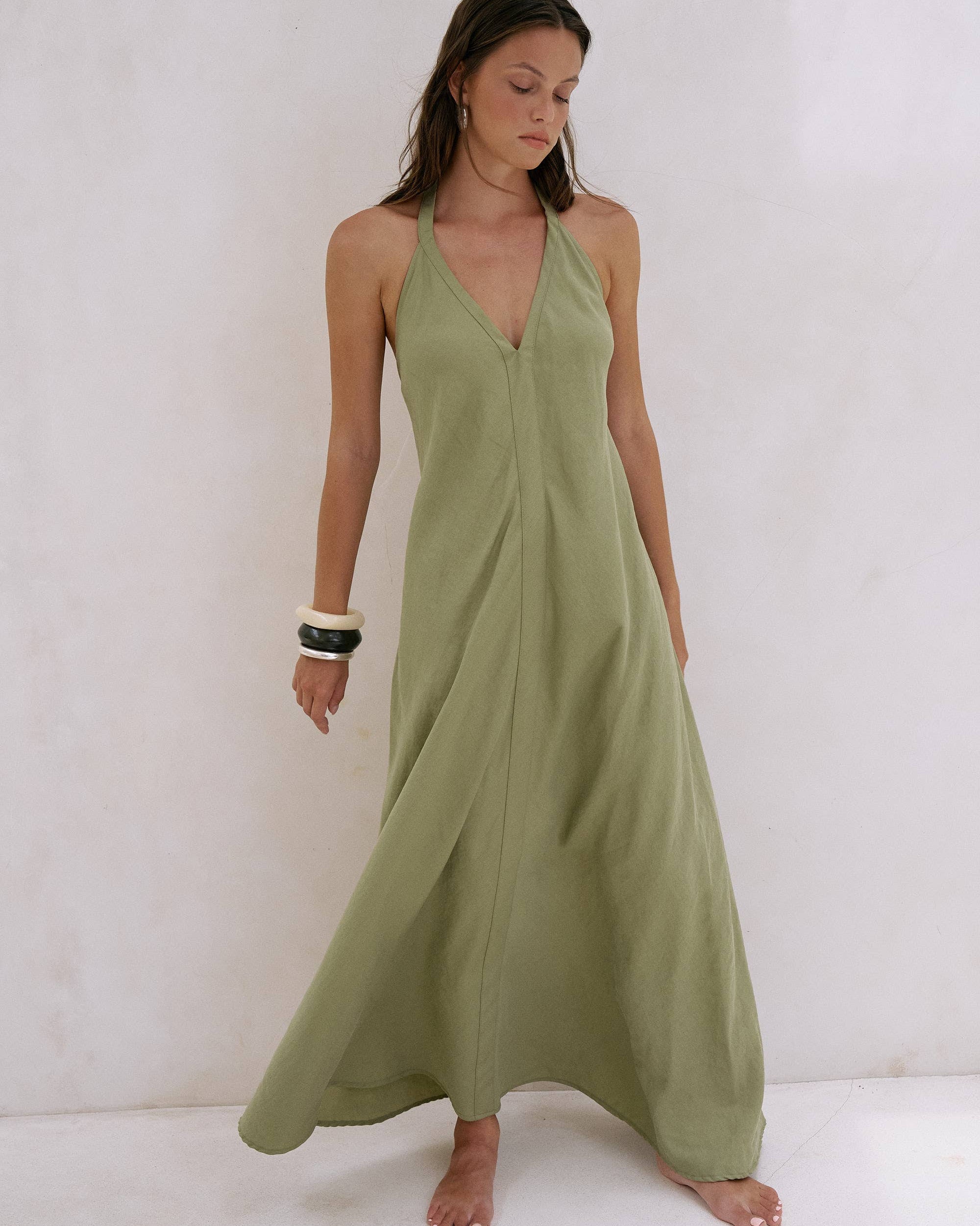 Zoe Maxi Dress - Khaki Green: sleeveless maxi dress with V-neckline, relaxed fit, and flowing hem