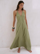 Zoe Maxi Dress - Khaki Green: sleeveless maxi dress with V-neckline, relaxed fit, and flowing hem
