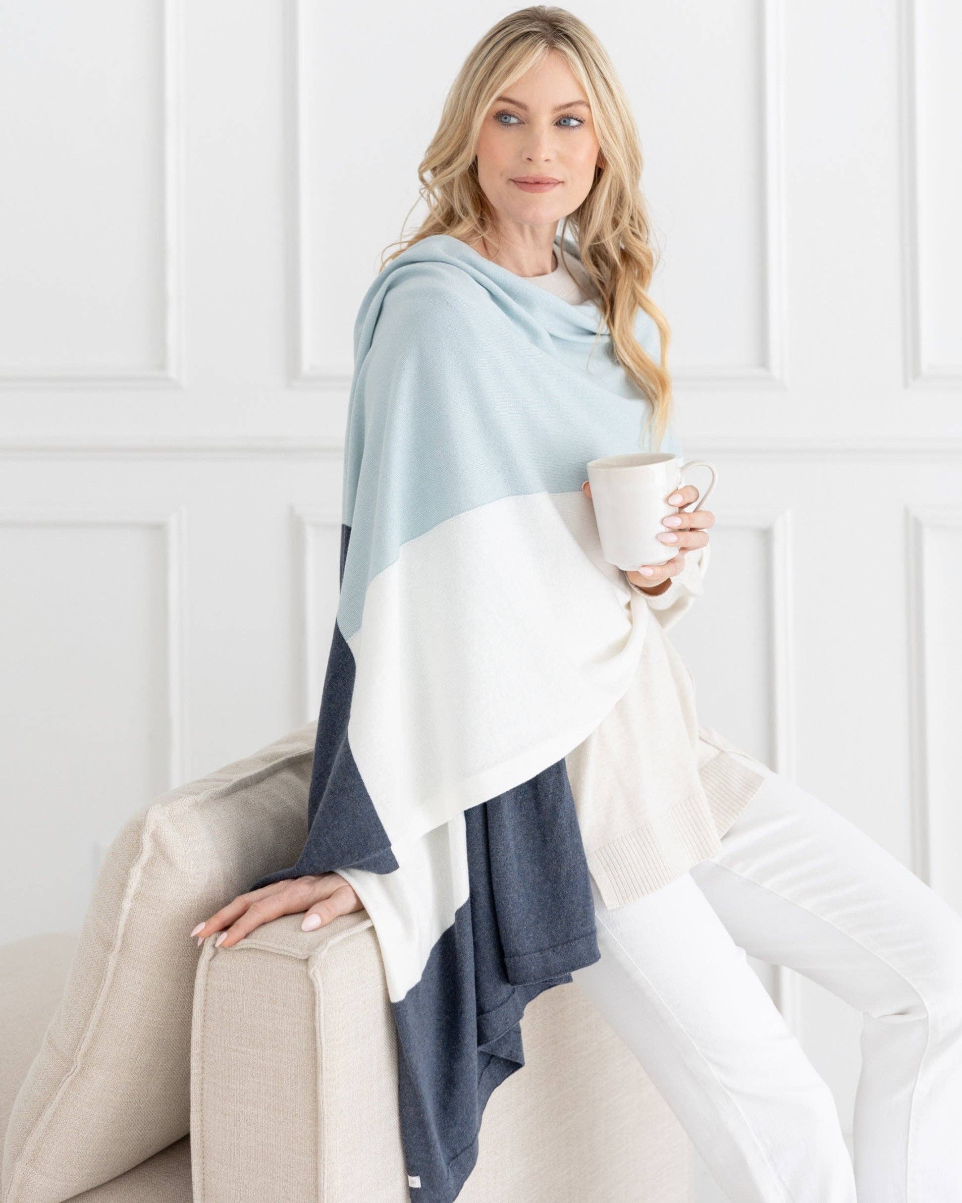 The Dreamsoft Travel Scarf - Sky Blue Colorblock: rectangular shawl with gradient sky blue and white colorblock pattern
