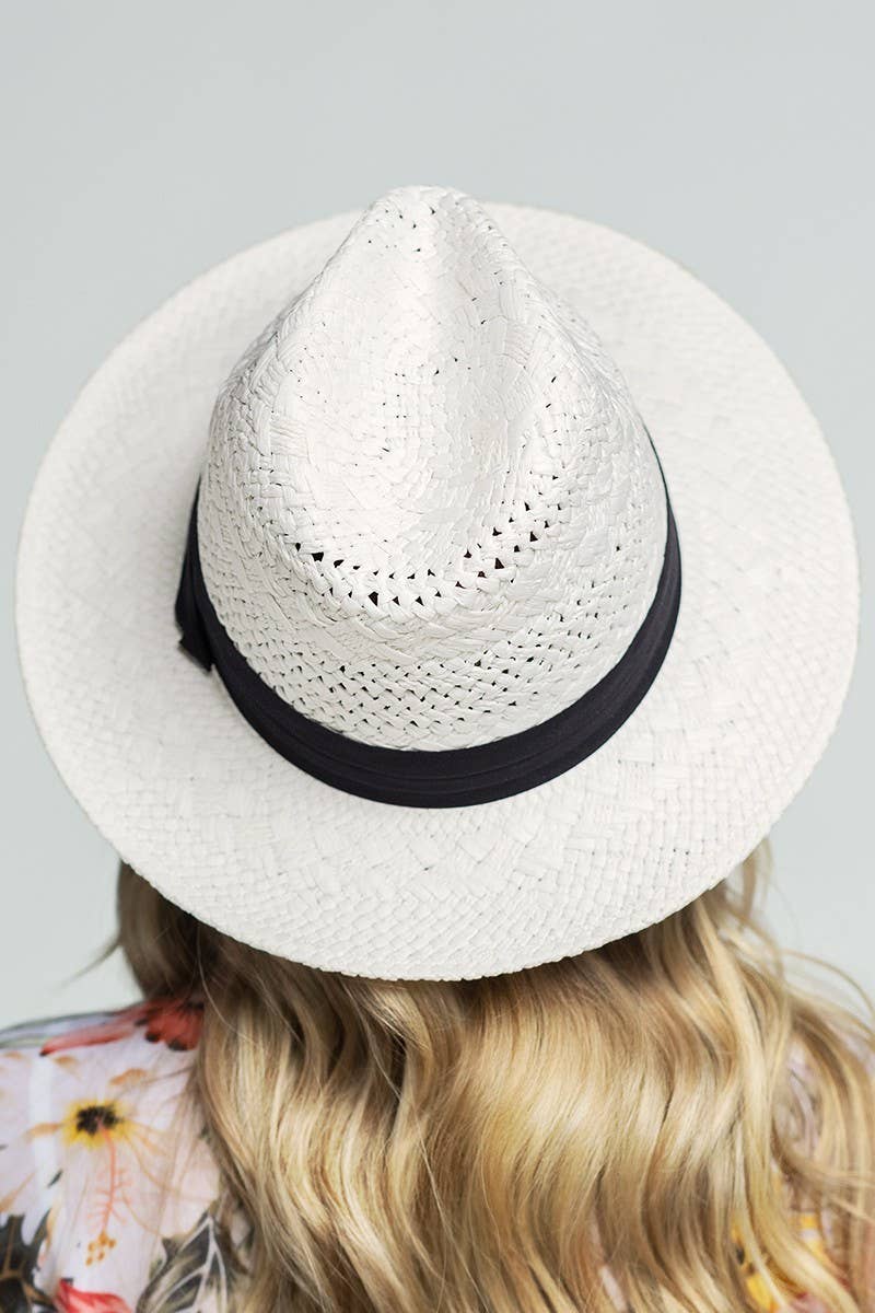 Boho Chic Summer Panama Hat: natural straw color, classic fedora shape, medium brim with slight curve