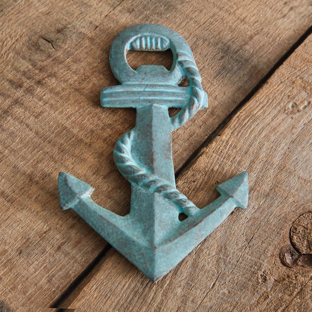 Verdigris Anchor Bottle Opener: anchor-shaped opener with green patina finish and cutout details