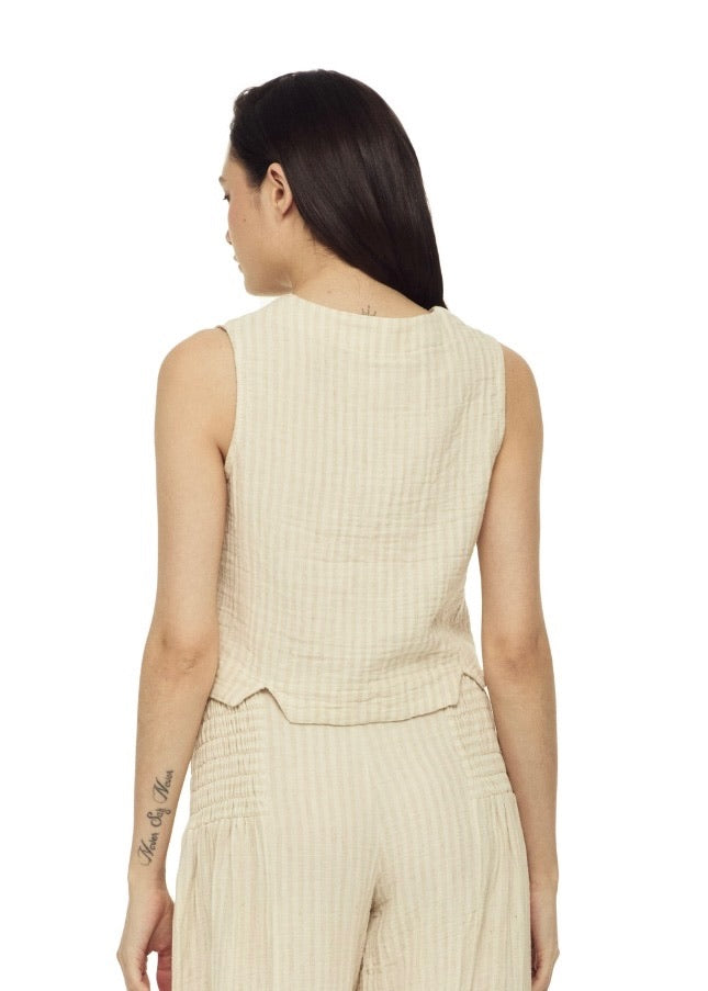 Striped Vest: sleeveless blouse with vertical black and white stripes, square neckline, and straight hem