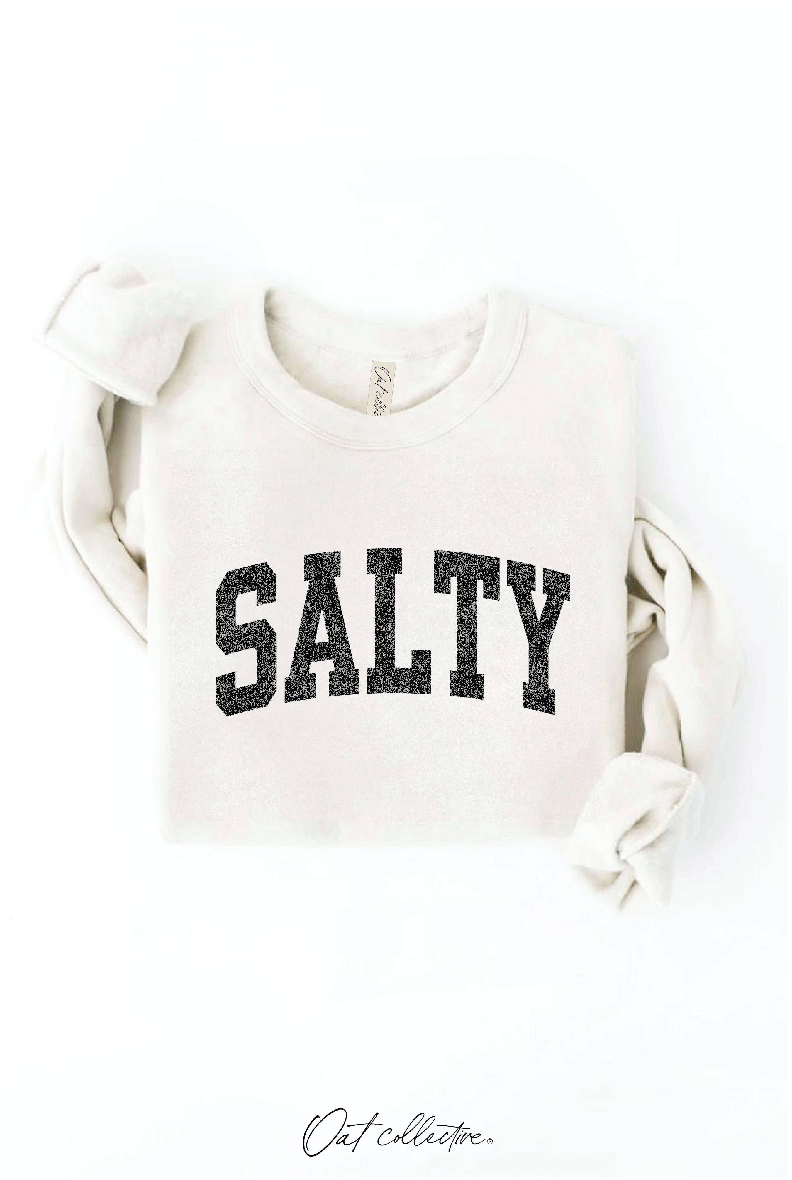 SALTY Graphic Sweatshirt: black crewneck sweatshirt with long sleeves and ribbed hem and cuffs