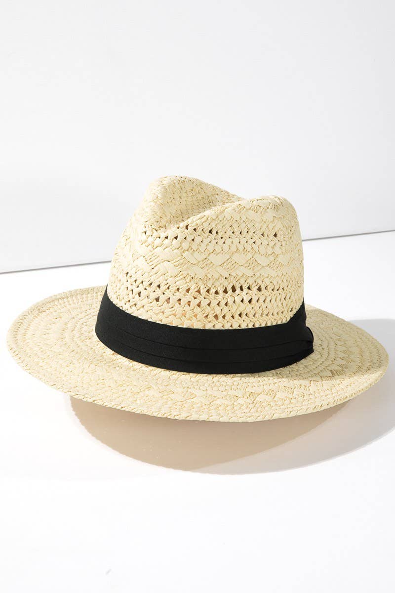 Boho Chic Summer Panama Hat: natural straw color with classic pinched crown and wide, flat brim