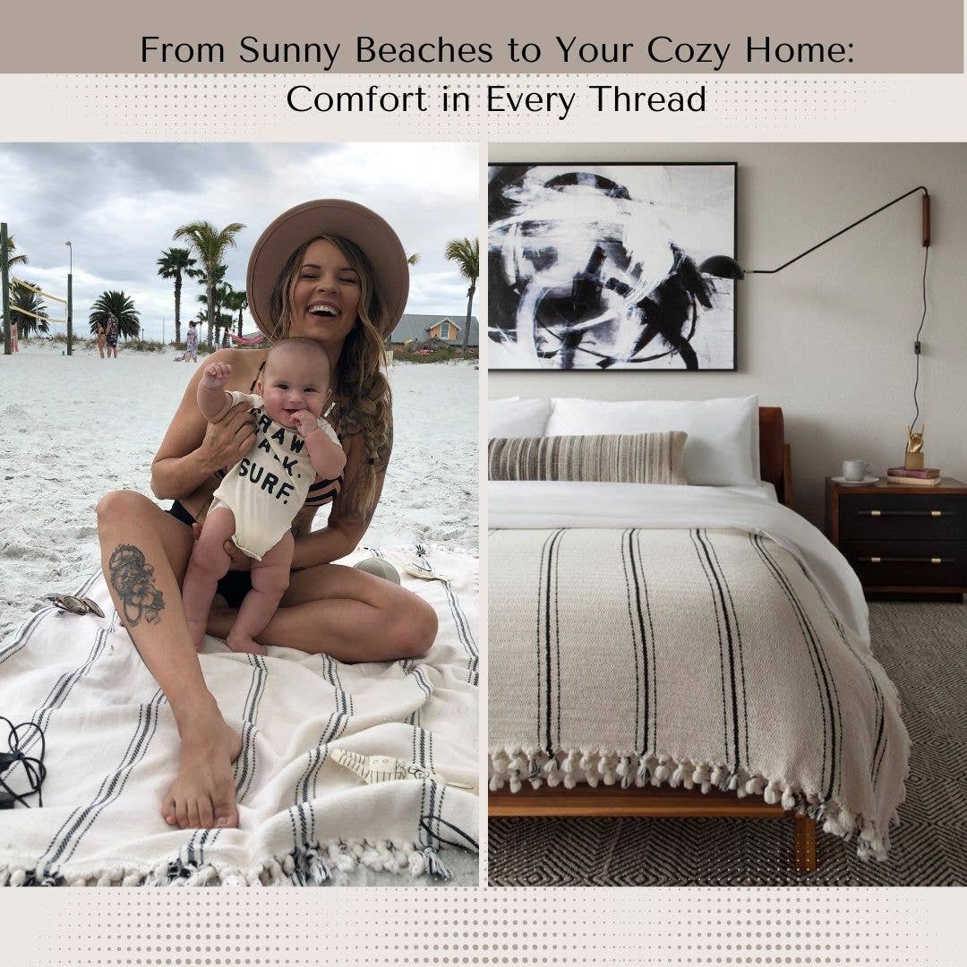 Sophie 100% Cotton Turkish Throw Blanket: rectangular cream-colored blanket with fringed edges and textured weave