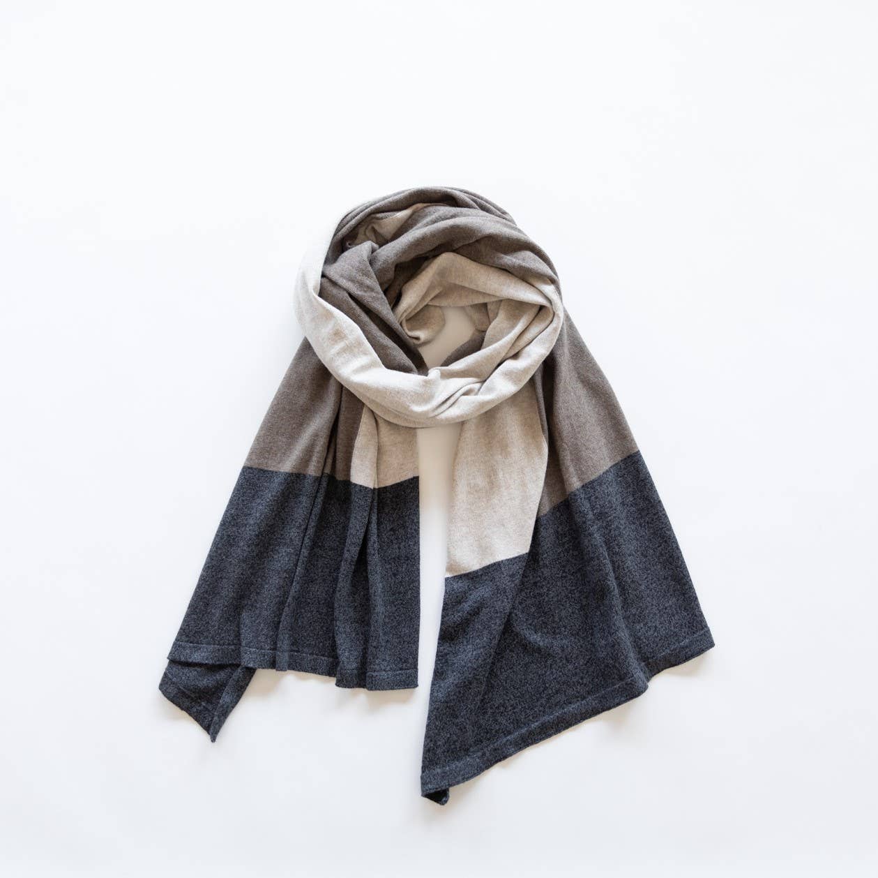 Dreamsoft Organic Cotton Travel Scarf Brownstone Colorblock: rectangular shawl with brown and tan color blocks, soft texture, draped edges