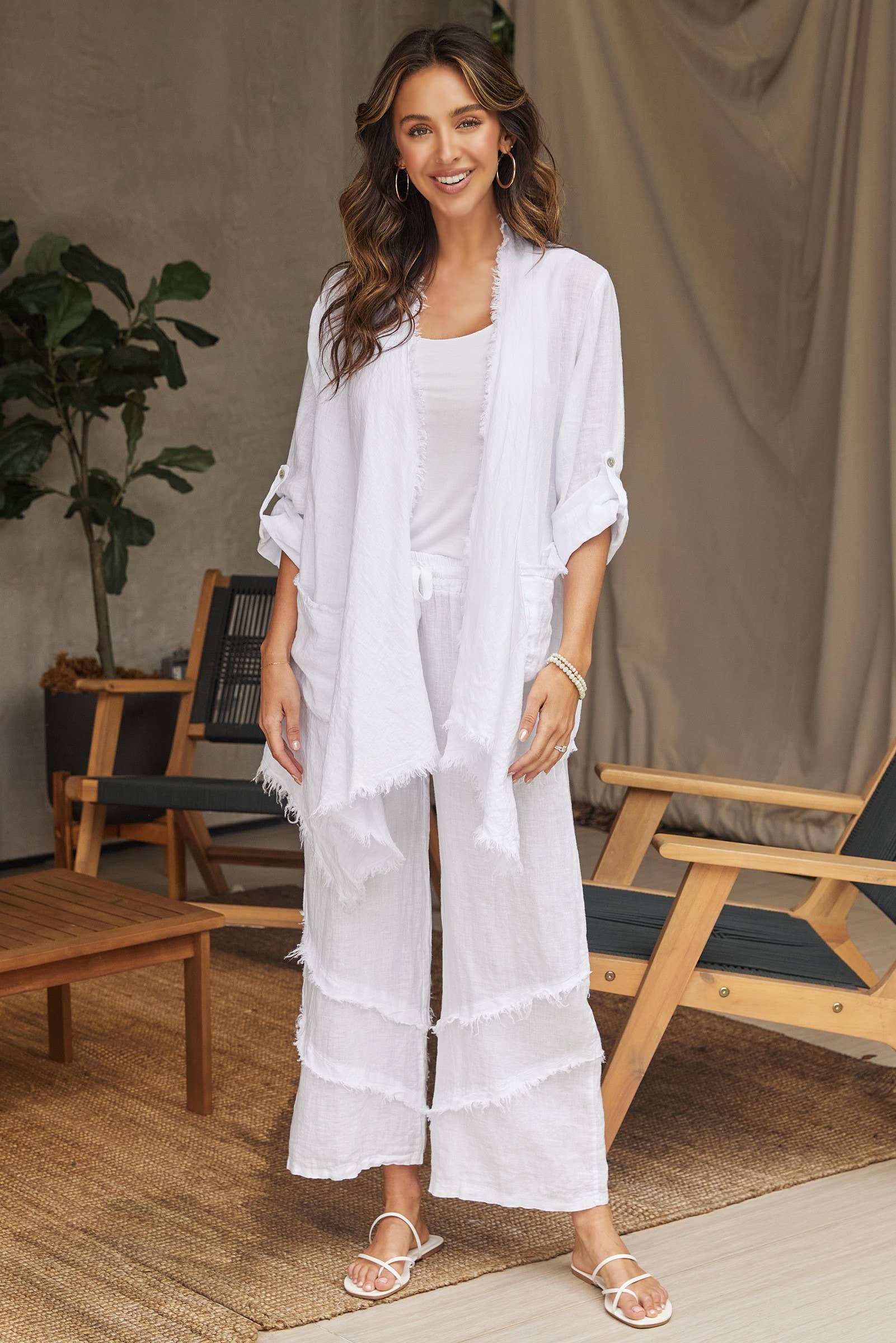 Coastal Drape Linen Cardigan: beige, relaxed fit, open front, long sleeves, draped collar, hip length hem