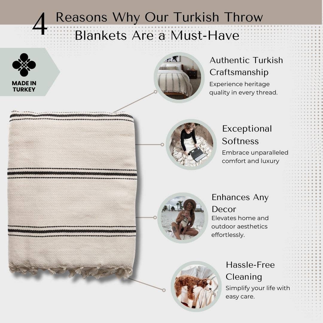 Sophie 100% Cotton Turkish Throw Blanket: rectangular beige throw with textured stripes and fringed edges