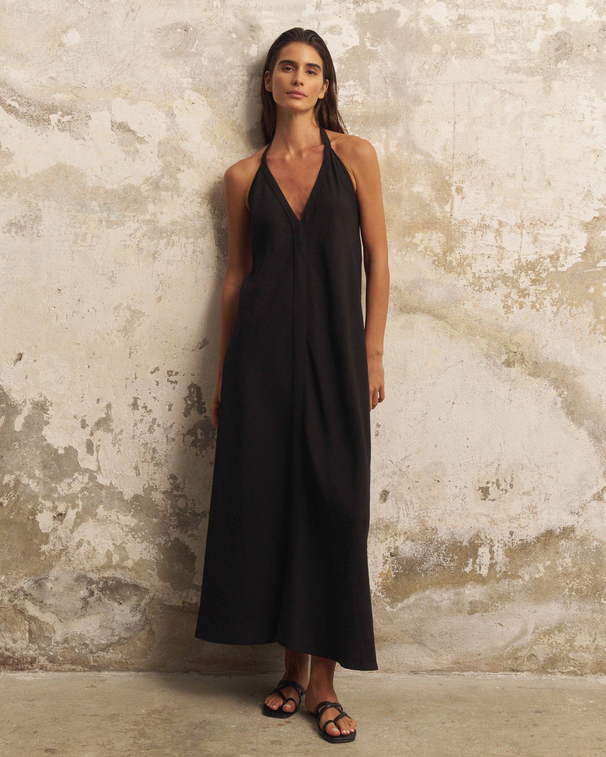 Zoe Maxi Dress: sleeveless beige dress with scoop neckline, fitted bodice, and flowing ankle-length skirt