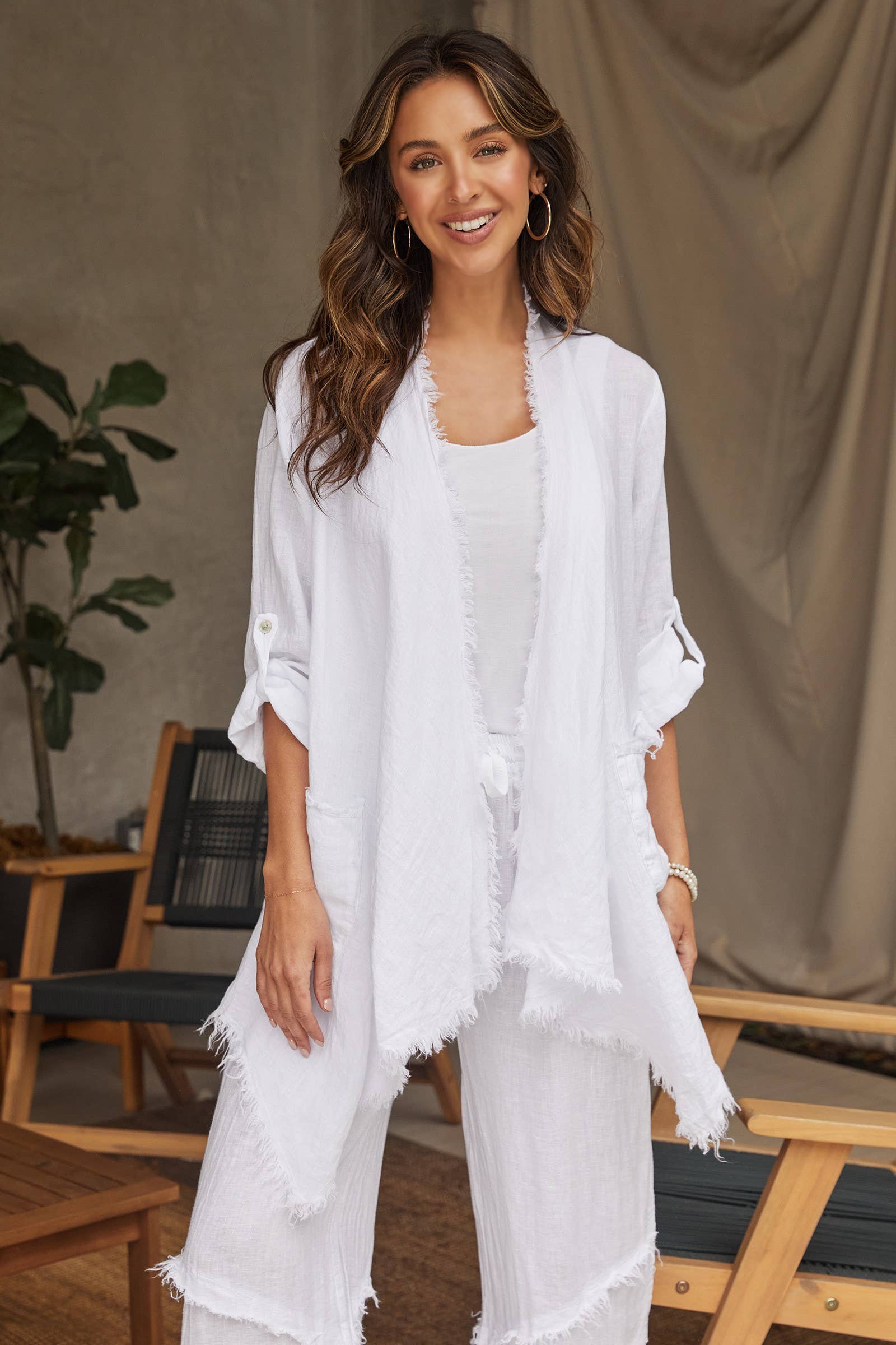 Coastal Drape Linen Cardigan: light beige, open-front, long sleeve, relaxed fit, draped collar, hip length