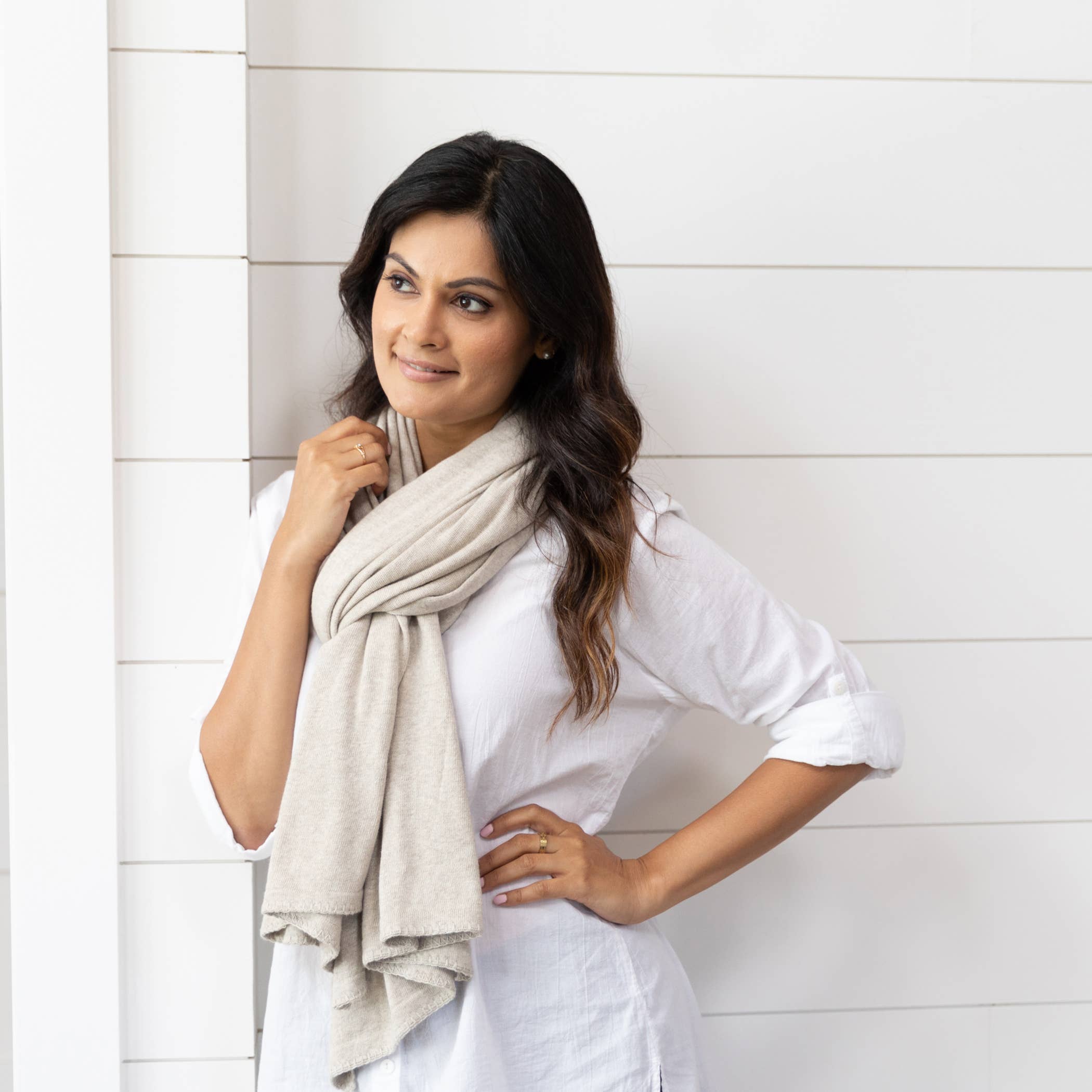 Dreamsoft Organic Cotton Travel Scarf - Birch: rectangular shawl in soft beige with fringed edges