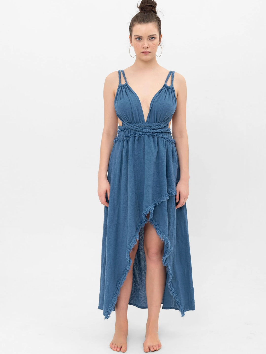 Maxi wrap dress in textured cotton gauze; deep V bodice, hand-braided waist cord, raw fringe hem, front slit