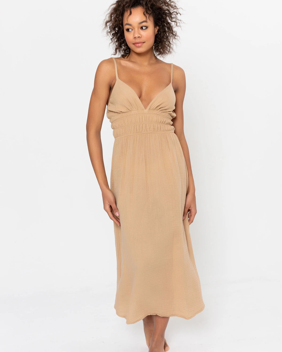 Artemisia Dress: sleeveless sand dress with square neckline, fitted waist, straight midi hem
